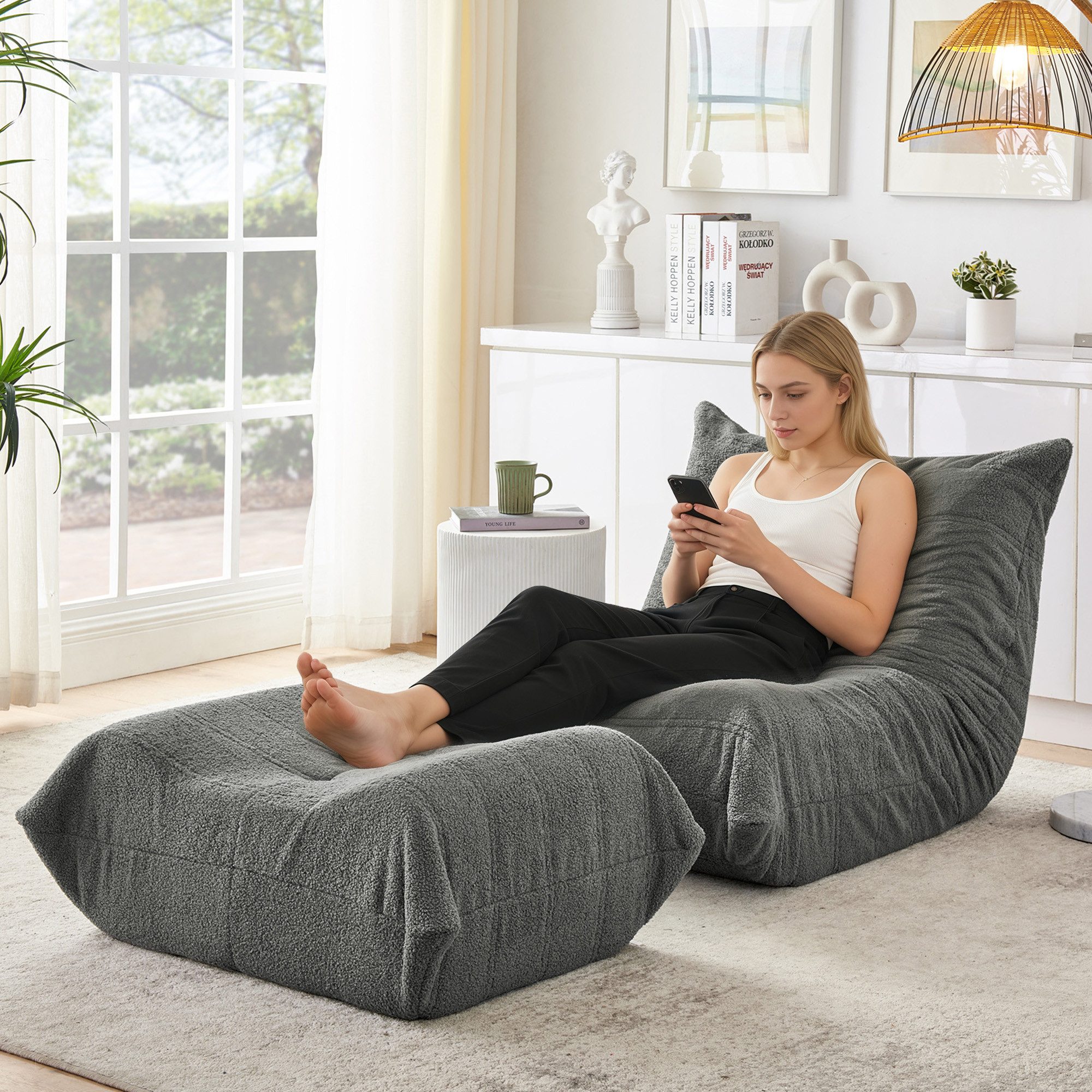 Sweiko Sofa Lazy Sofa mit Rückenlehne,Fußhocker, Relaxsessel, Teddyfell-Bohnensack-Bodenlesesessel, Einzel-Bodensofa