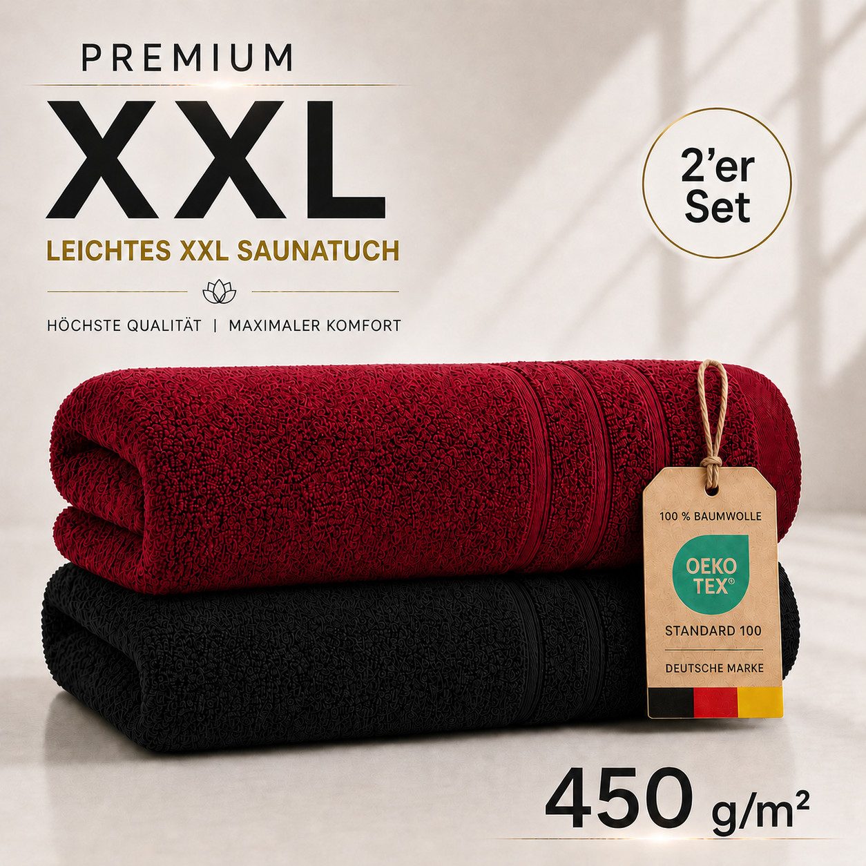Komfortec Saunatuch 2er Set extra Große - XXL Premium Badetuch-80x200, Frottee (Set, 2-St), extra Große, Baumwolle 100%, Weich, Schnelltrocknend – Bild 2 von 5