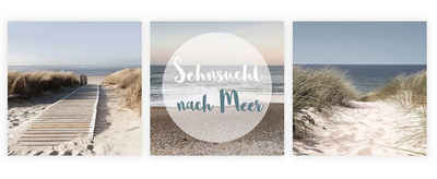 Levandeo® Glasbild, 3er Set Wandbild je 30x30cm Glasbild Meer Düne Strand Sehnsucht