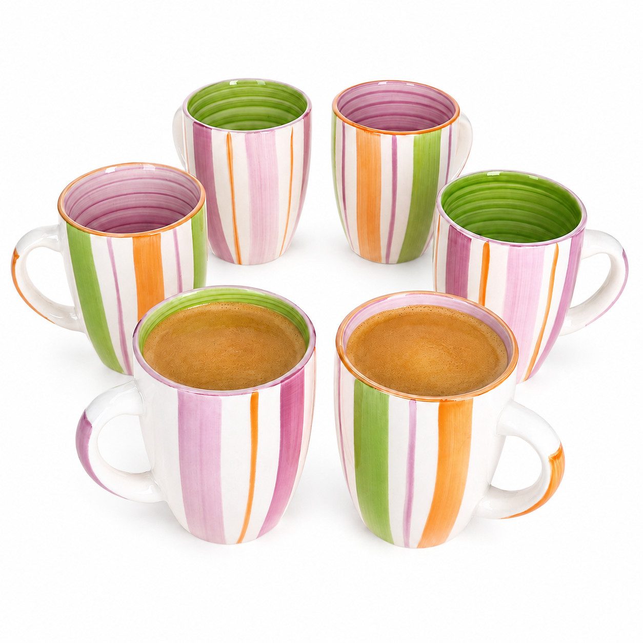 MamboCat Becher 6er Set Tropicana Kaffeebecher 340ml Streifen Steingut Teetasse Kakao, Steingut
