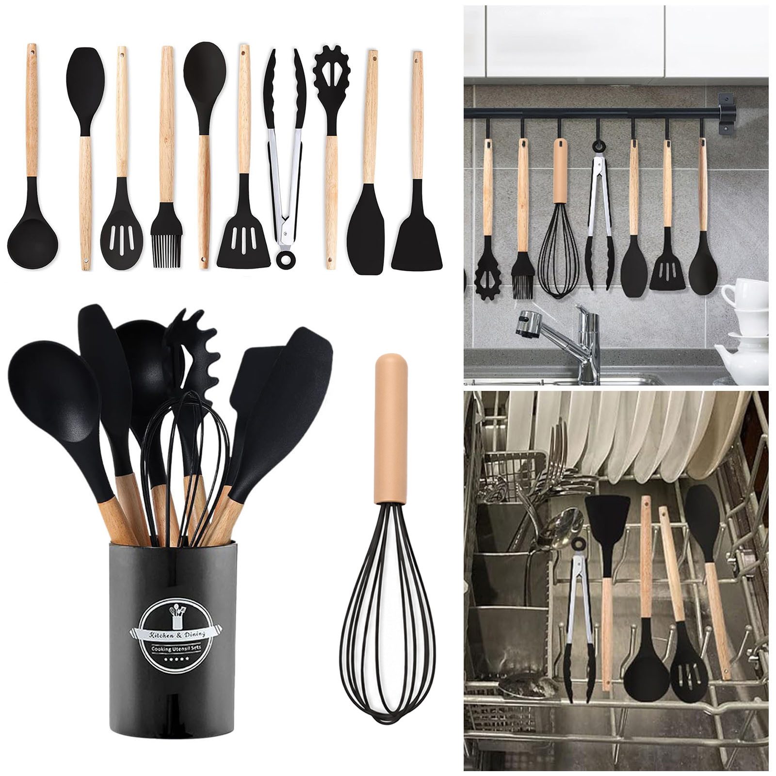 OKWISH Kochbesteck-Set 12er Küchenutensilien Set Küchenhelfer Kochgeschirrset (mit Hitzebeständigem Holzgriff und Aufhängeschlaufe, 12-tlg., Kochbesteck, Siliko – Bild 5 von 5