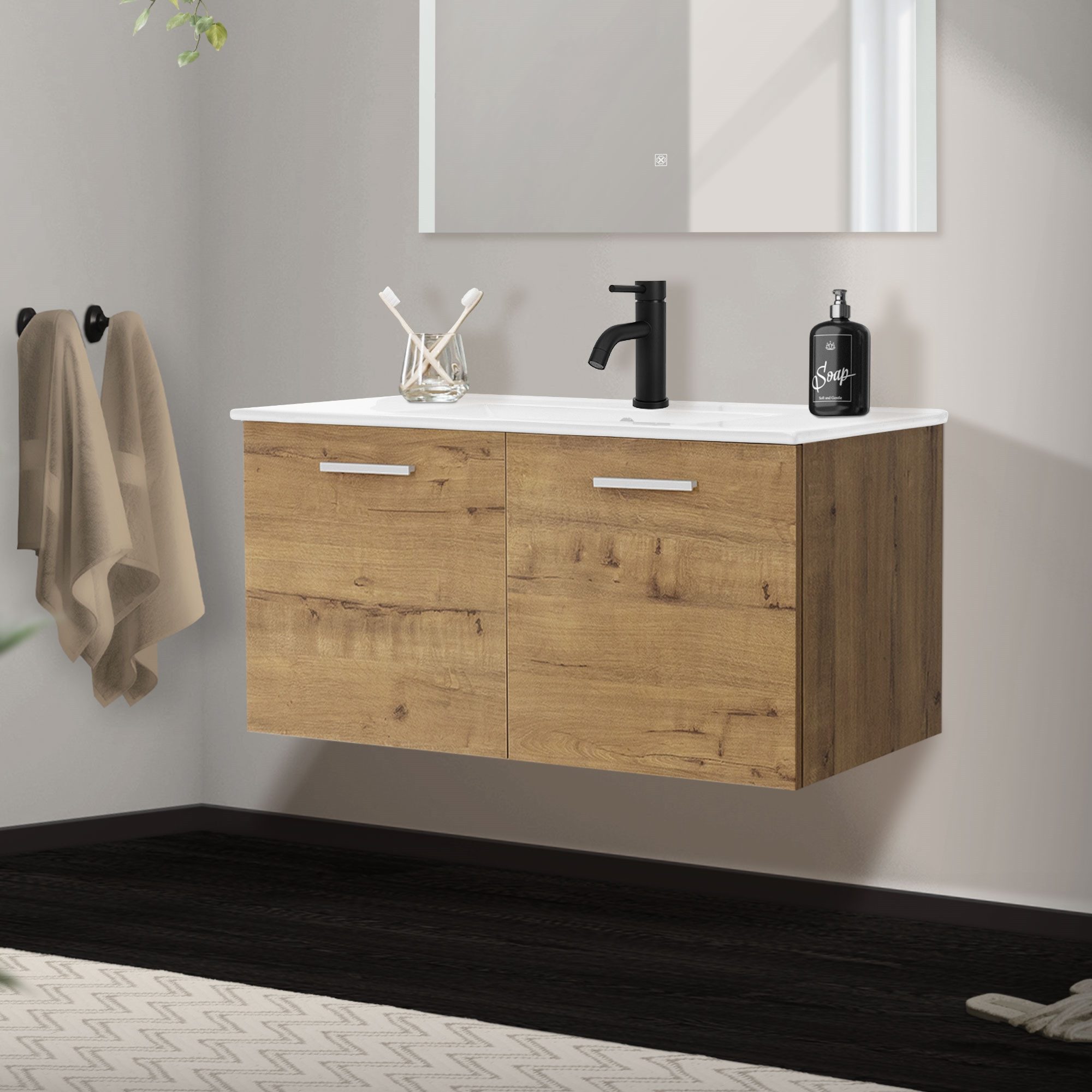 LuxeBath Waschbecken Badmöbel Unterschrank Waschbecken Badezimmermöbel Badmöbel, 2-teilig 89x45x42cm MDF Roteiche Keramik Weiß modern