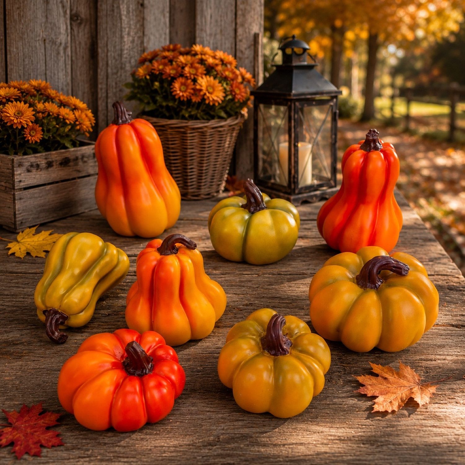 Online-Fuchs Dekofigur 8er Set Deko Kürbisse für draußen geeignet - Outdoor - Herbstdeko (bis 18 cm groß, natürliche Farben), für den Innen- und Außenbereich geeignet