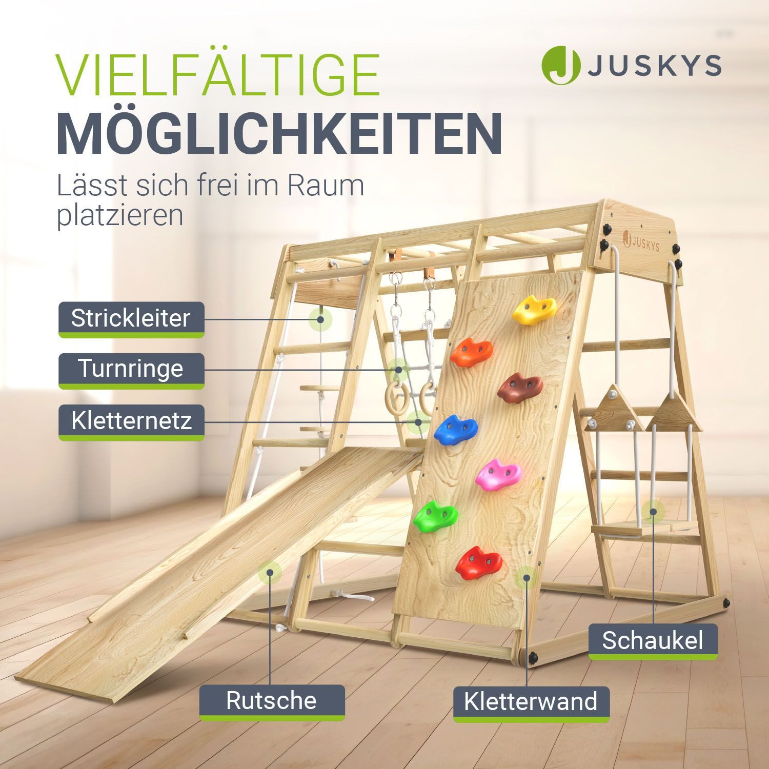 Juskys Klettergerüst Maxi, für Kinder, Holz, Indoor Spielplatz klappbar, Rutsche & Kletterwand