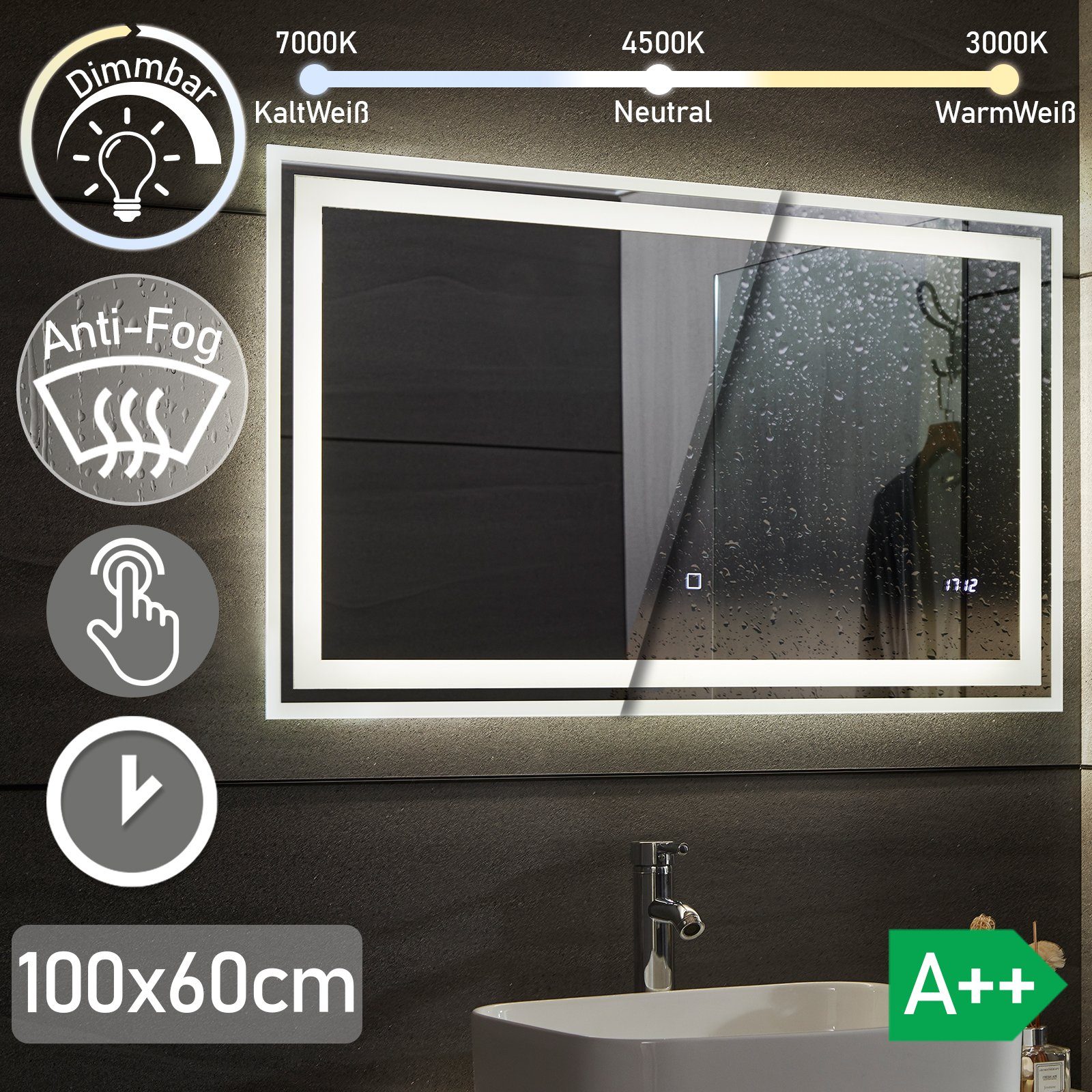 cm Dimmbar, 3000-7000K 100 x Beschlagfrei, 60 Aquamarin - Badspiegel Badspiegel LED Energiesparend,