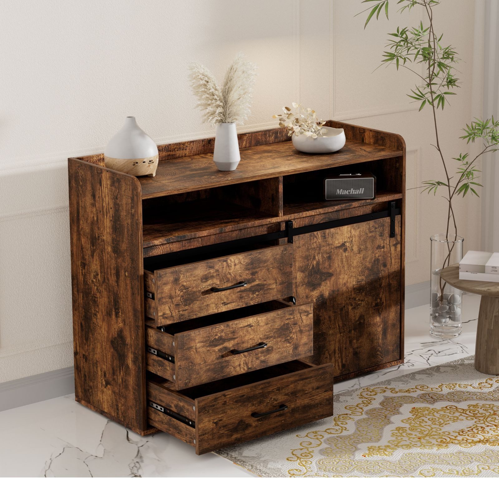 HOMAVO Sideboard HG1-S mit Schiebetür, 3 Schubladen & offenen Fächern