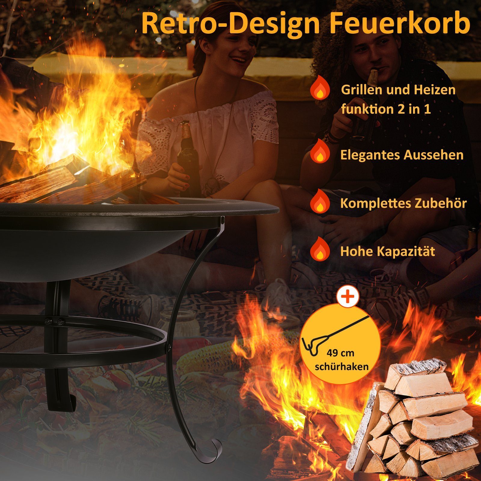 Femor Feuerschale, Feuerschale mit Grillrost, Feuerkorb Φ76cm Funkenschutz &