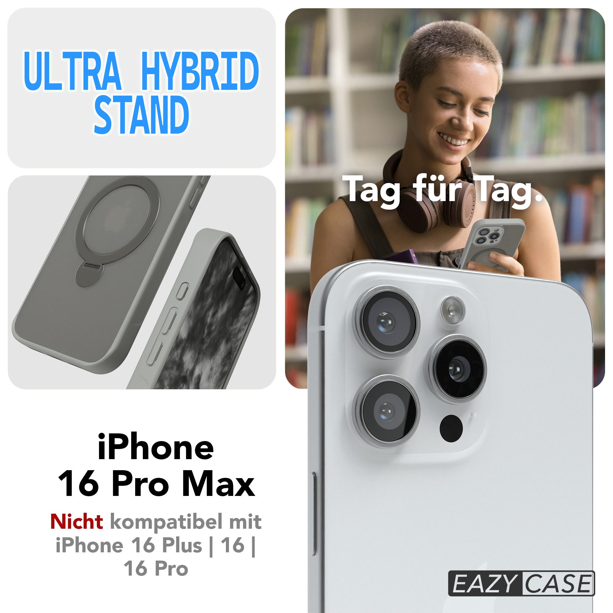 EAZY CASE Handyhülle Outdoor iPhone 16 Pro Max Case MagSafe Ring 6,9 Zoll, Slim Cover Handyhülle stoßfest Silikon Case Outdoorcase kratzfest Grau