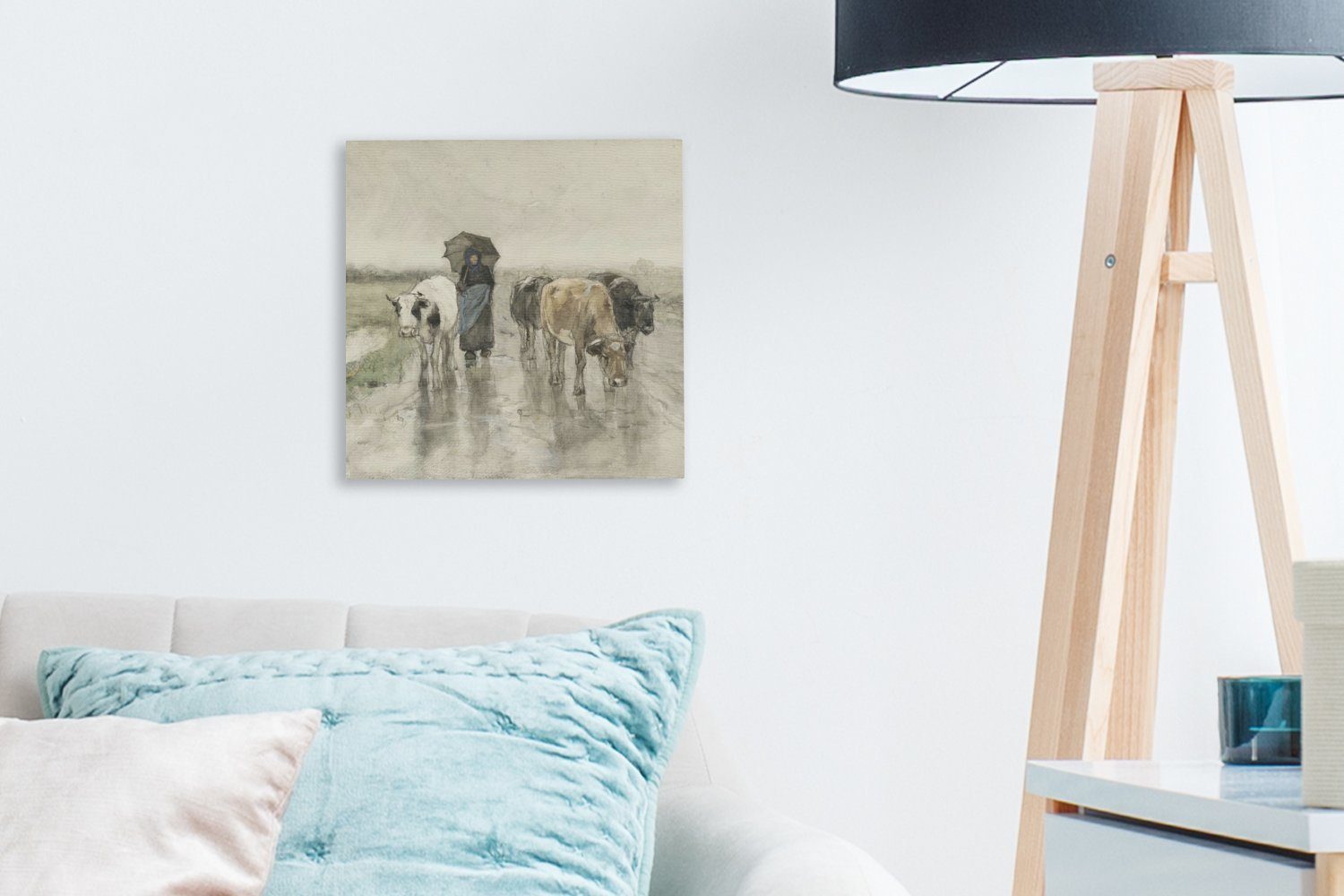 St), für Bilder Bäuerin Eine bunt einer mit Leinwand auf Schlafzimmer - Regen OneMillionCanvasses® von, (1 Leinwandbild Gemälde Kühen Landstraße Wohnzimmer im