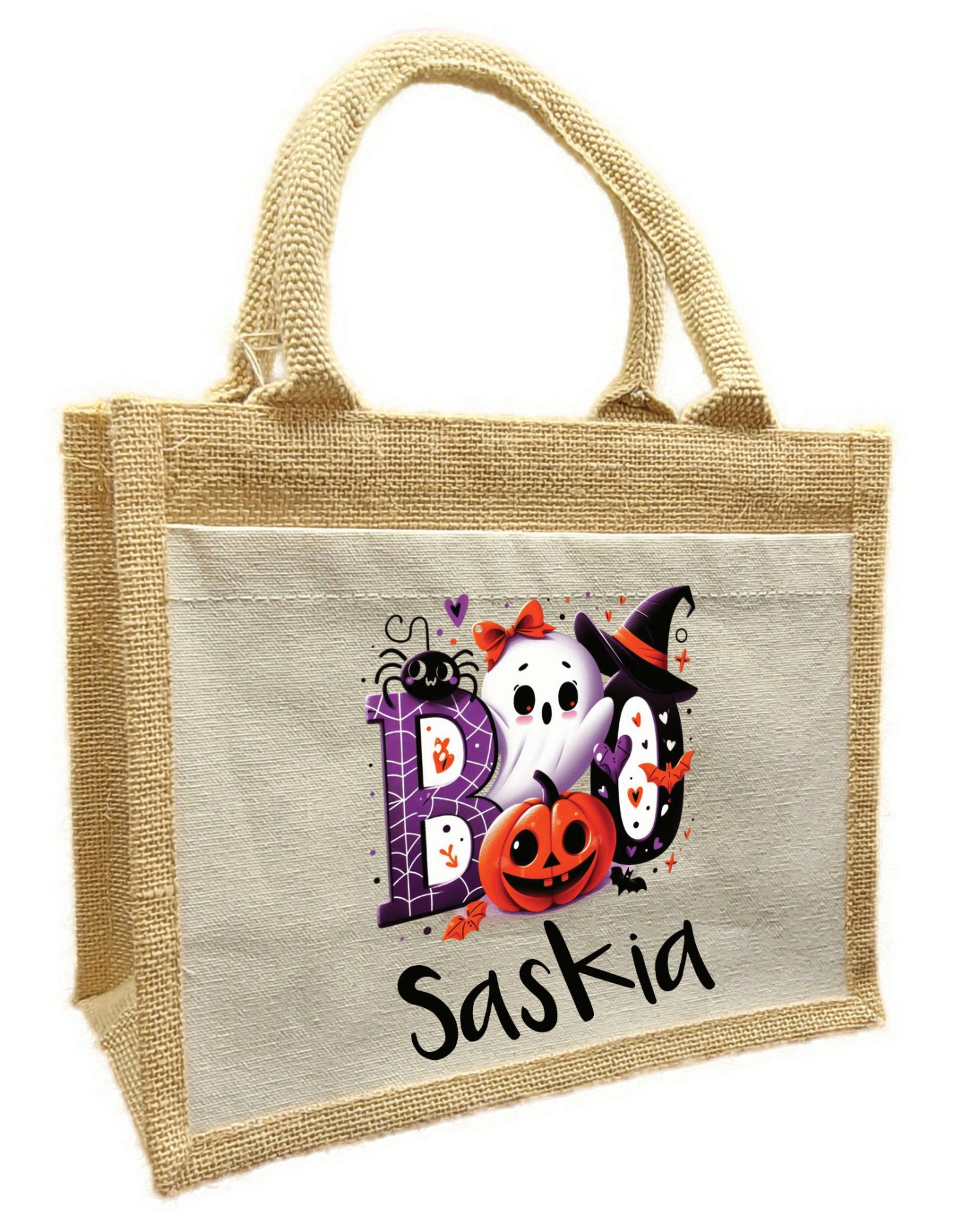 Korbtasche Halloween Tasche Geist BOO, Sammeltasche aus Jute, 26 x 35 x 14 cm