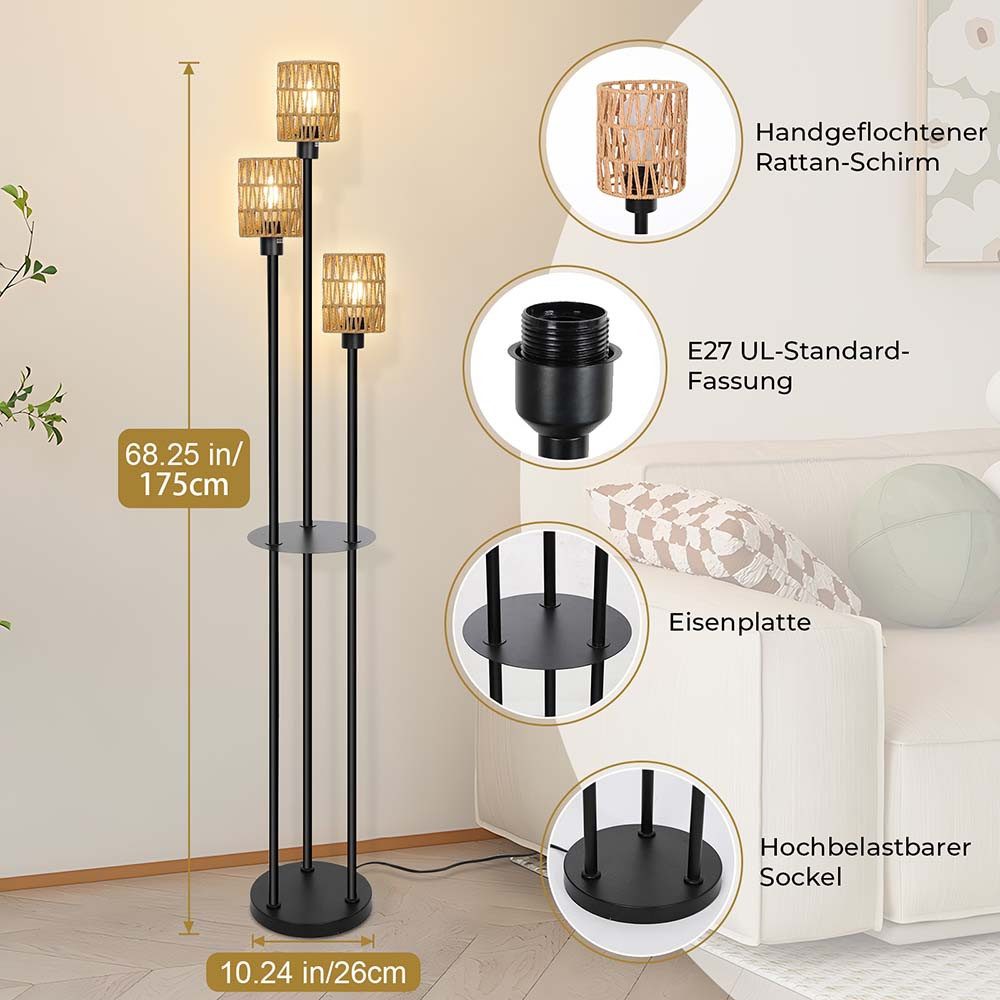 MUPOO Stehlampe Rattan Stehlampe Wohnzimmer,3-flammige Vintage günstig online kaufen