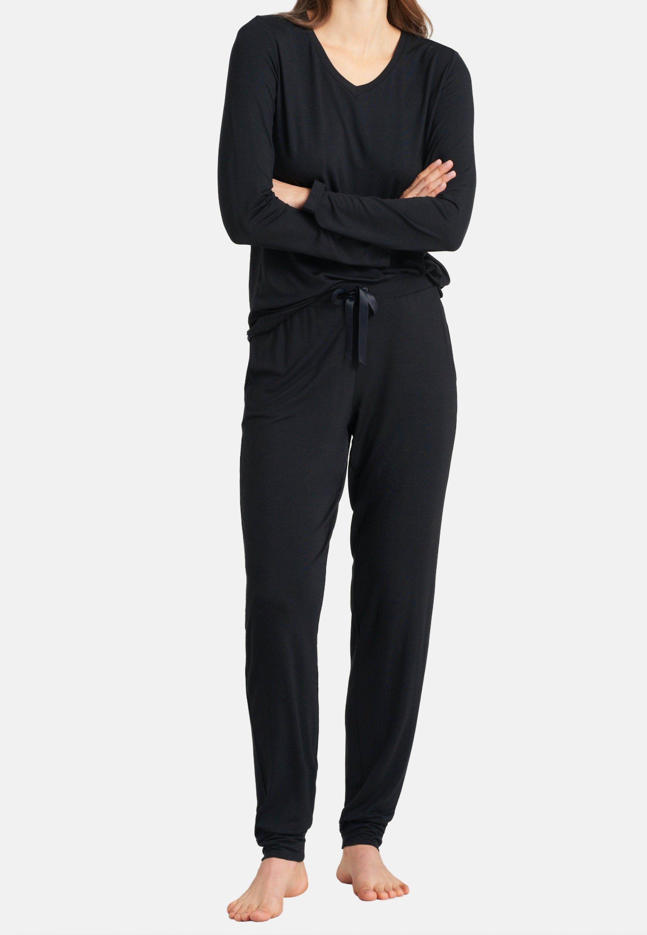Relax & Schwarz breite Beinabschlüsse Schlafanzug Mix Eingrifftaschen (1-tlg) Schiesser Seitliche - Schlafhose und Hose