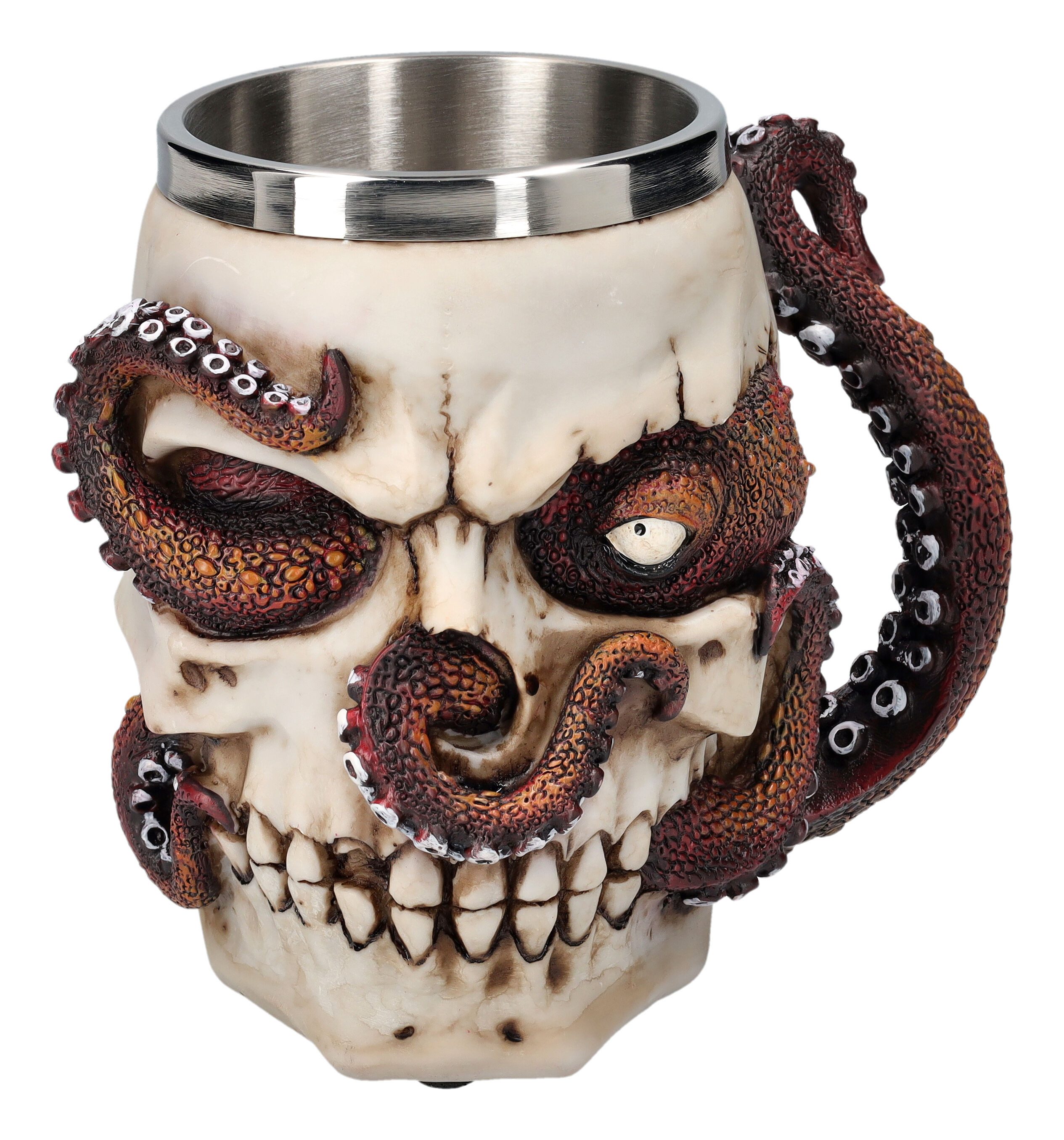 Figuren Shop GmbH Bierkrug Krug - Totenschädel mit Krake Bierkrug Totenkopf Tentakel Gothic Deko, Kunststein (Polyresin), Edelstahl