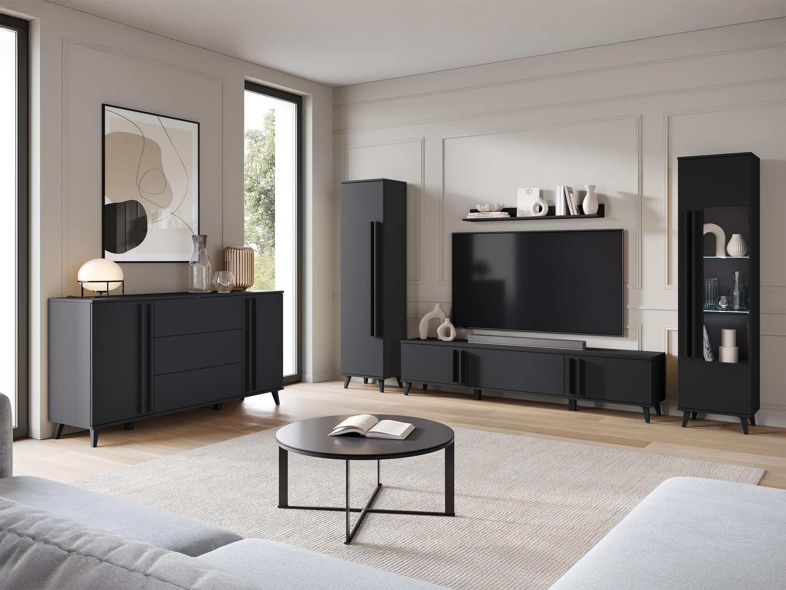 MIRJAN24 Wohnzimmer-Set Helsinki IV, (5er-Set, Vitrine, Regal, TV-Lowboard, Wandregal, Kommode), Füße - 10 cm
