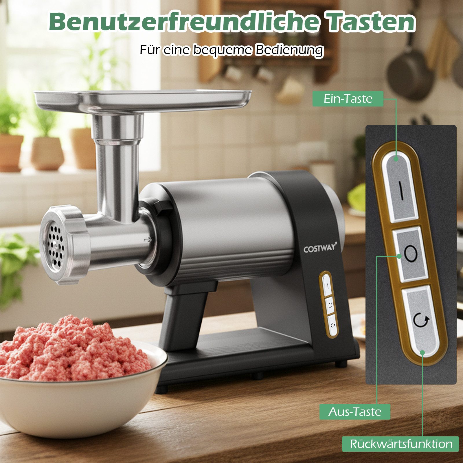 COSTWAY Fleischwolf, 2000 W, elektrisch, 3 Wurstfüllrohren, 3 Lochscheiben