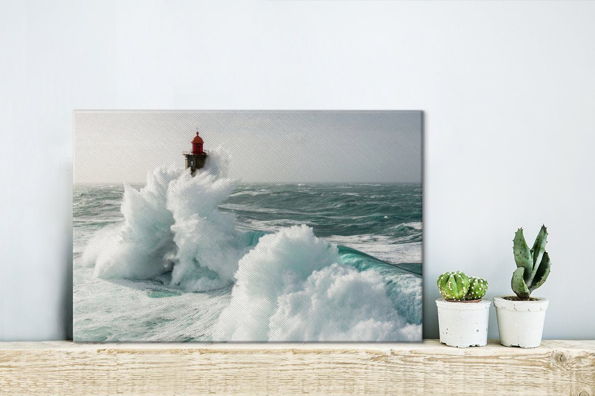 cm Wandbild Leinwandbilder, trifft OneMillionCanvasses® Welle von La den (1 Jument, Aufhängefertig, 30x20 St), Wanddeko, Leinwandbild auf Leuchtturm
