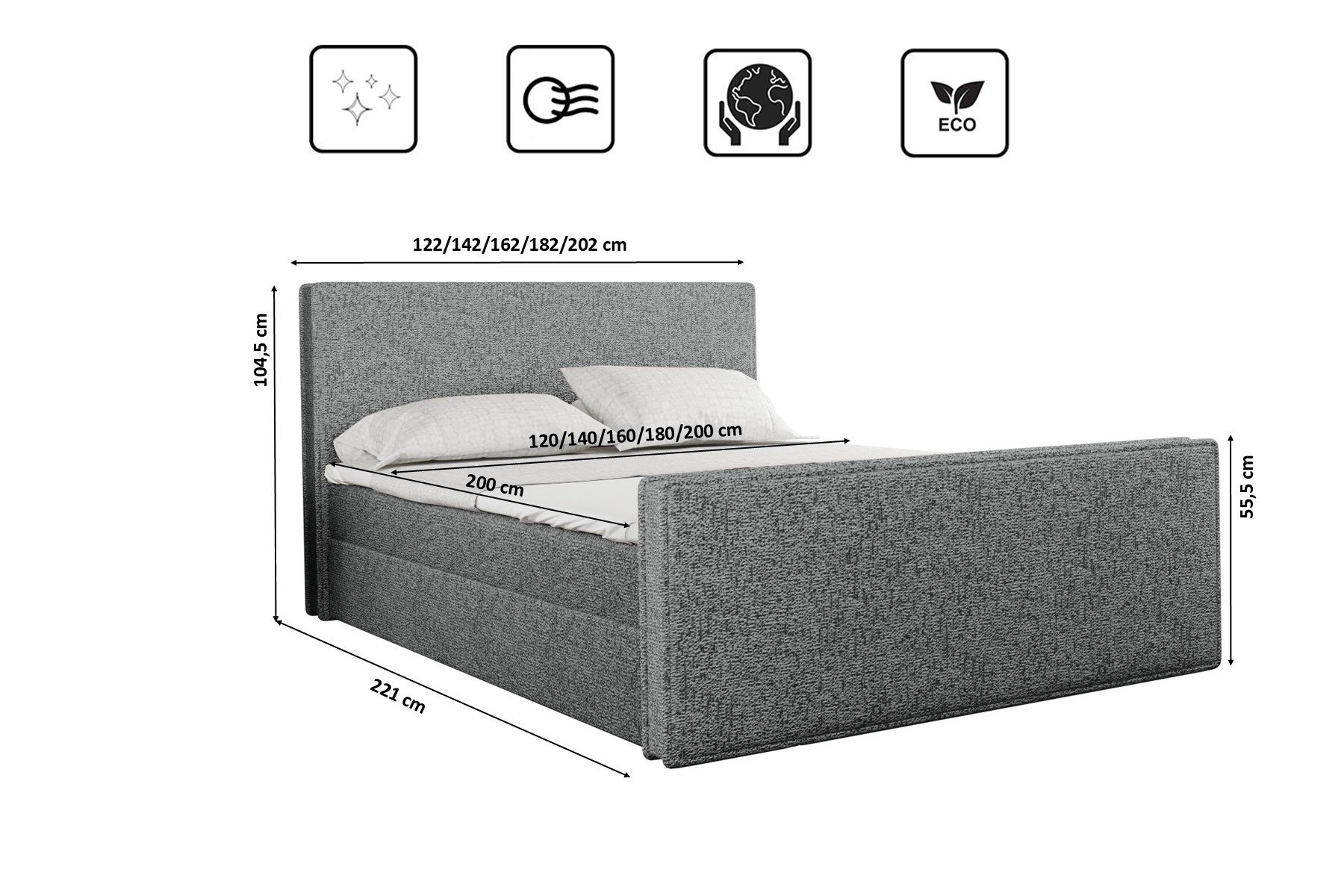 Kaiser Möbel Boxspringbett LILA Bett mit Stauraum, Matratze und Topper – Puente Stoff (Inklusive Matratze und Topper, Verpackt in mehreren Paketen), Dekoratives Kopfteil mit Umrandung,Antibakterielle Ausstattung