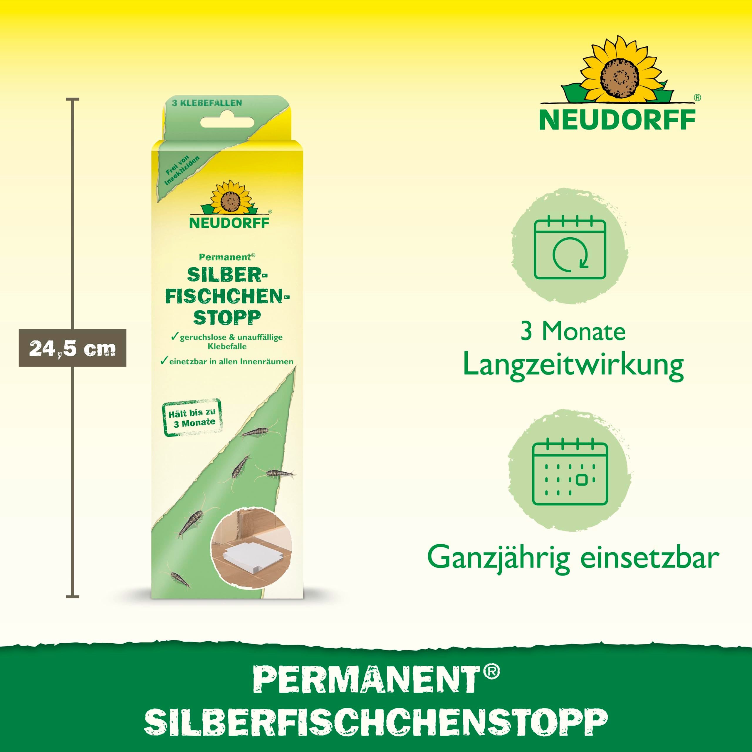 Neudorff Insektenspray Permanent SilberfischchenStopp - Silberfischfalle - 3 Stück, Fängt effektiv Silberfische und Papierfische in allen Innenräumen, Geruchlose und insektizidfreie Klebefalle