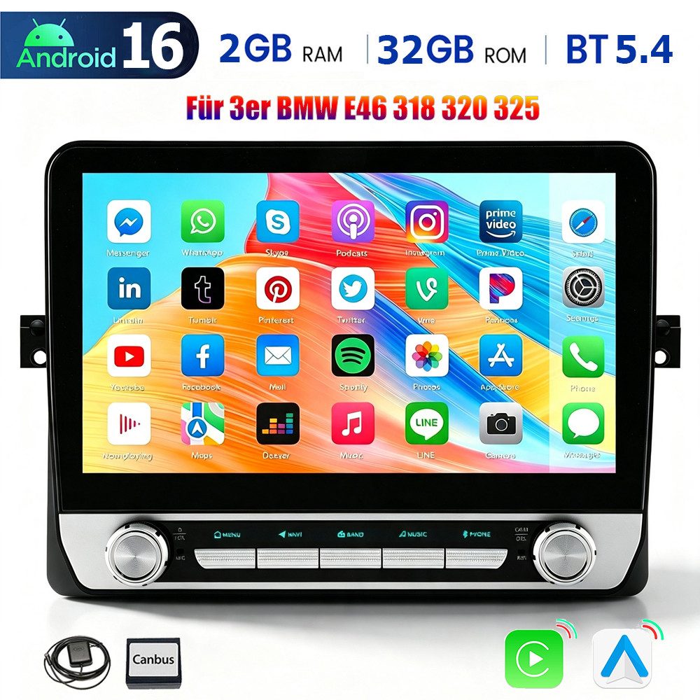 ESSGOO Android 16 DAB+ Autoradio 2DIN Für 3er BMW E46 318 320 325 Carplay GPS Autoradio (RDS, 4+64GB(optional), 4G LTE, Digitalradio (DAB), FM, GPS, 6+128GB(optional), SWC)