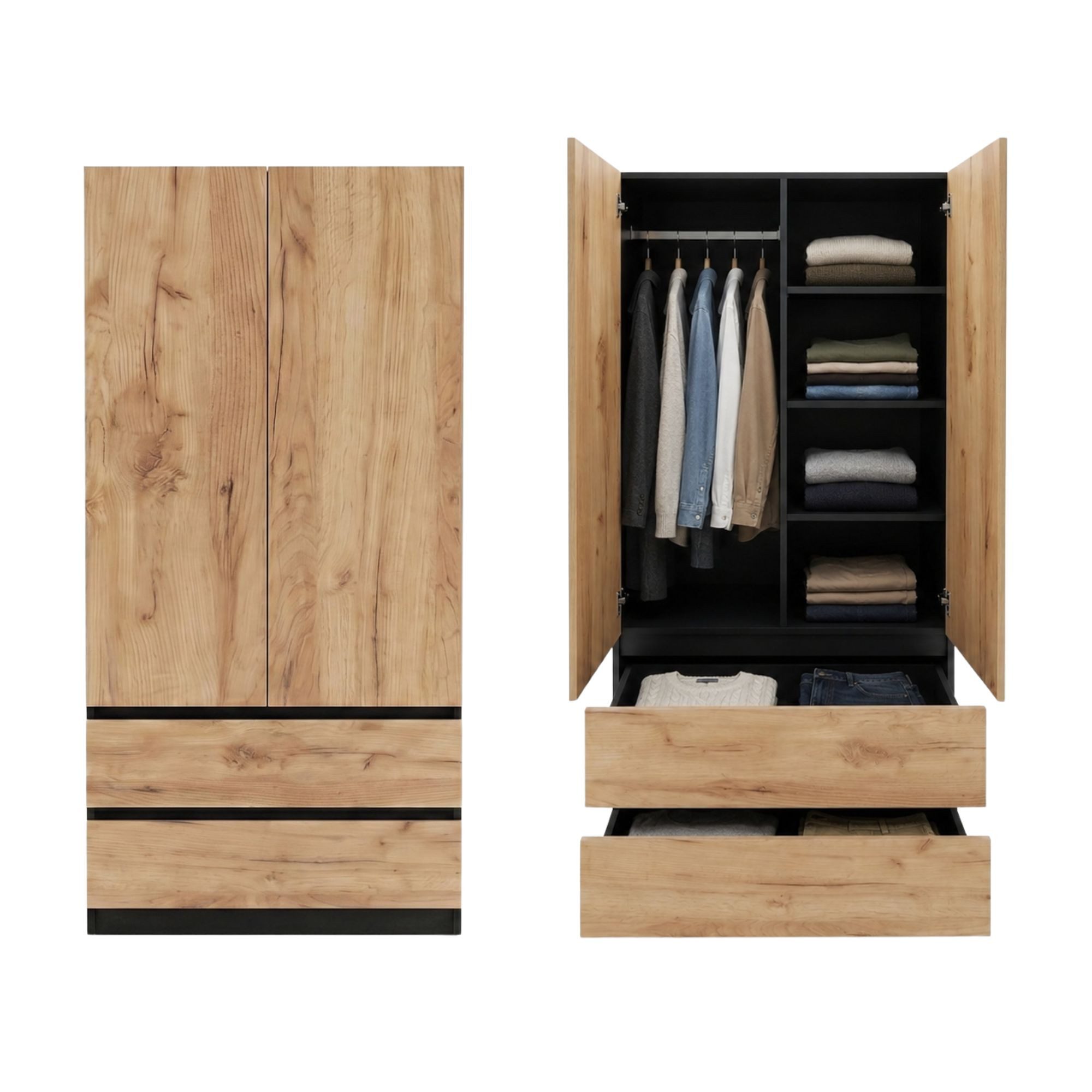 Home Collective Mehrzweckschrank Schrank Kleiderschrank Aktenschrank Hochschrank 2-türig 2 Schubladen (Garderobenschrank, Universalschrank Flur, Büro oder Schlafzimmer) 90x50x180 cm, robust & vielseitig, viel Stauraum Schwarze Craft-Eiche