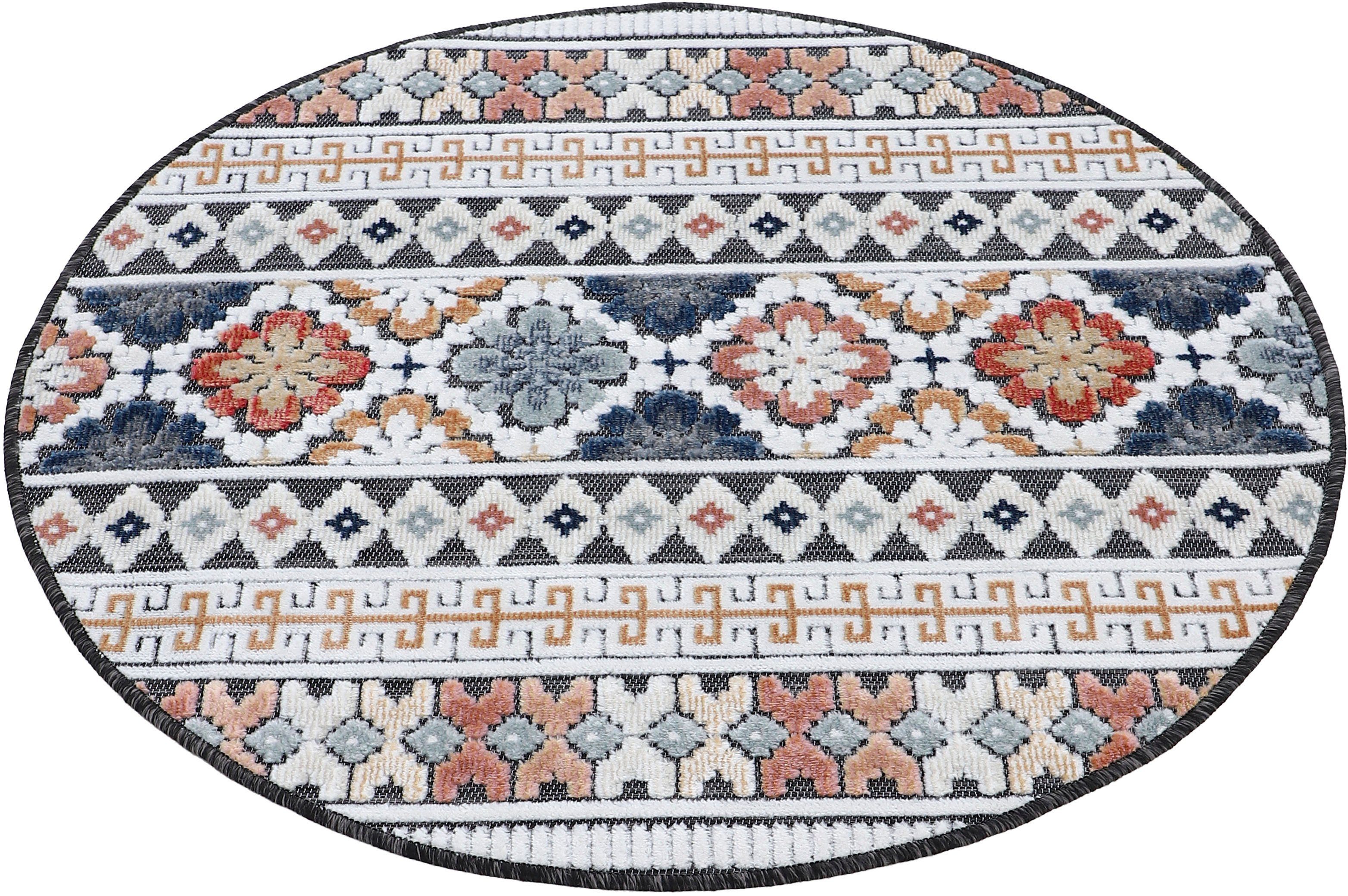 Teppich Deja 103, carpetfine, Flachgewebe, 4 Hoch-Tief Höhe: Palmenblätter, mm, robustes blau Motiv- rund, Floral Effekt