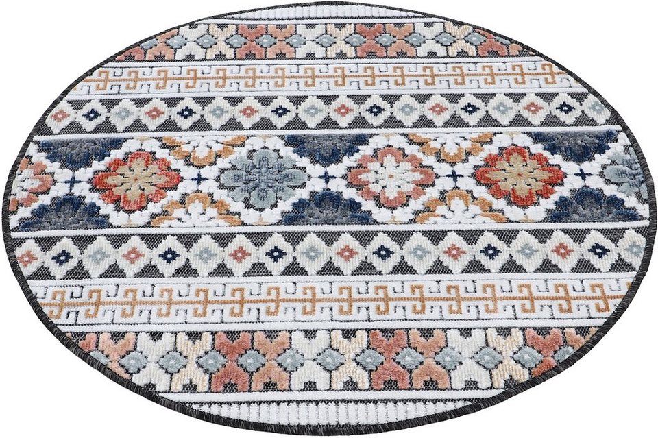 Teppich Deja 103, carpetfine, rund, Höhe: 4 mm, robustes Flachgewebe, Motiv-  Floral Palmenblätter, Hoch-Tief Effekt