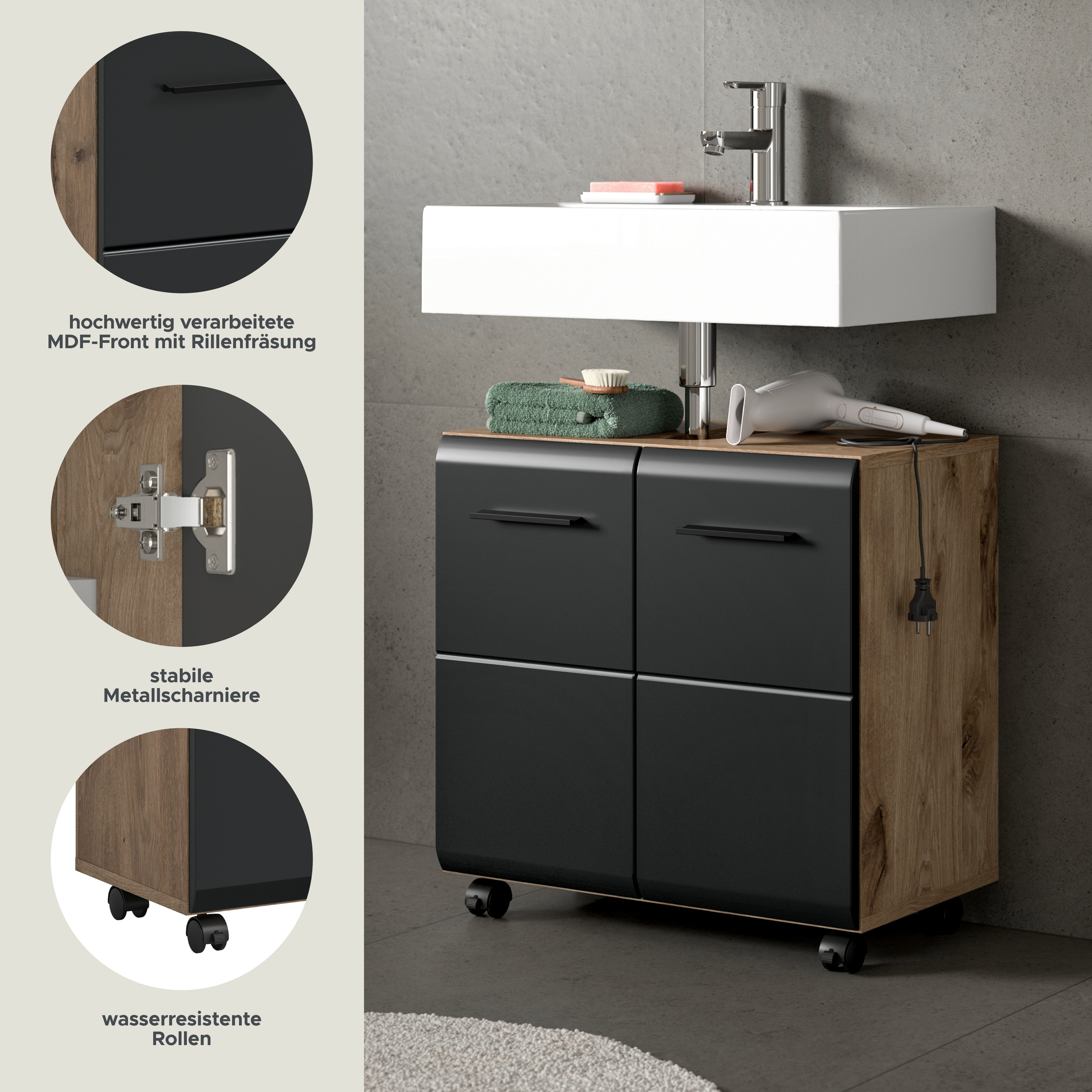 welltime Waschbeckenunterschrank FLORENZ, Breite 60cm, inkl. Siphonausschnitt, mit Türen oder Schüben (TOPSELLER) hochwertige MDF Front, Griff schwarz, Badschrank, Bad