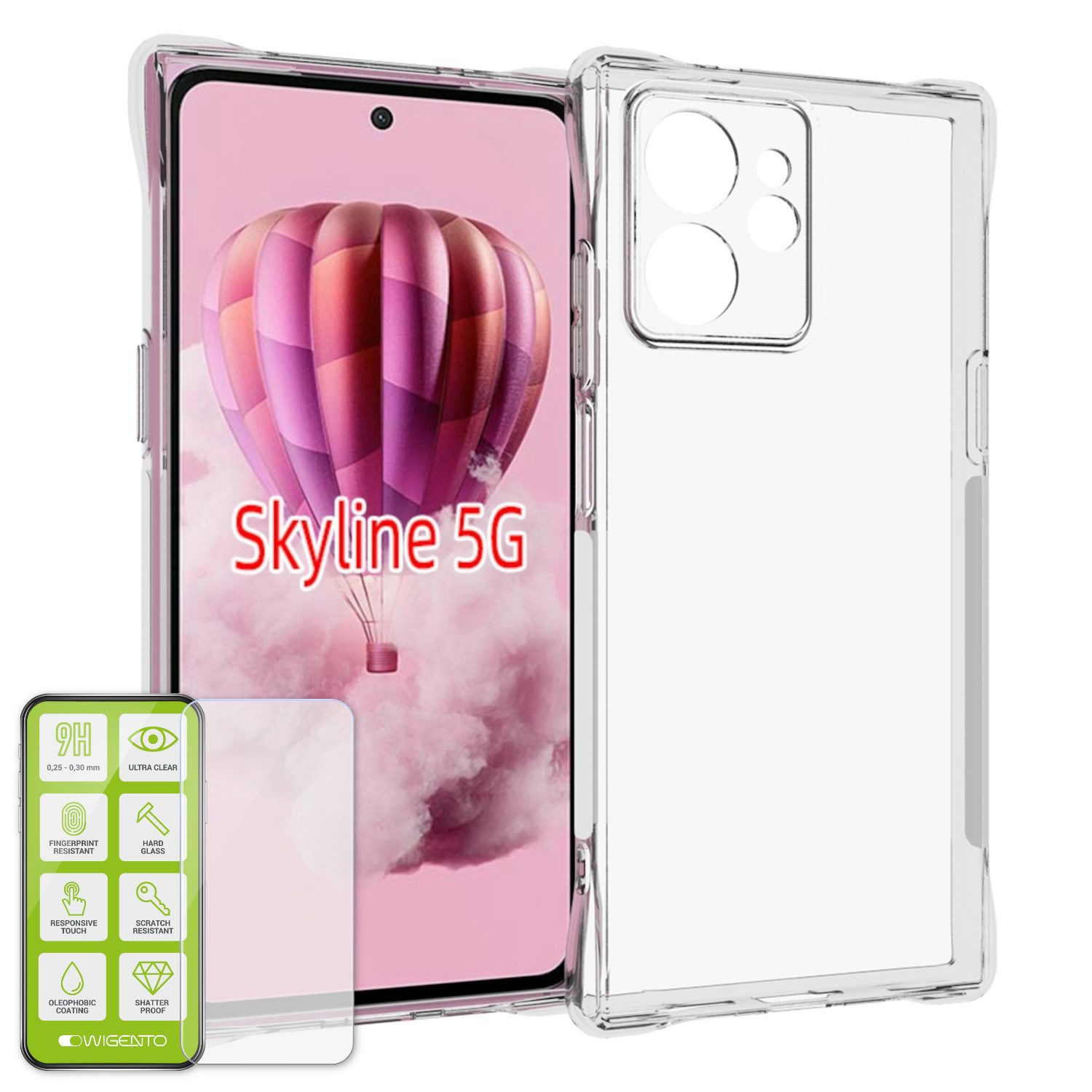 Wigento Handyhülle Für HMD Skyline stoßfeste Schutz TPU Hülle Transparent + H9 Hart Glas, Produktset TPU Hülle mit Hart Glas