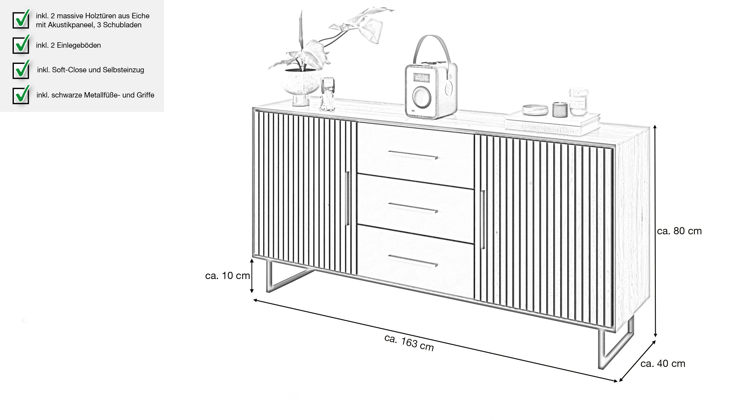 Massivart® Sideboard BELLA 163 cm / Massivholz Eiche geölt / Metallgriffe s günstig online kaufen