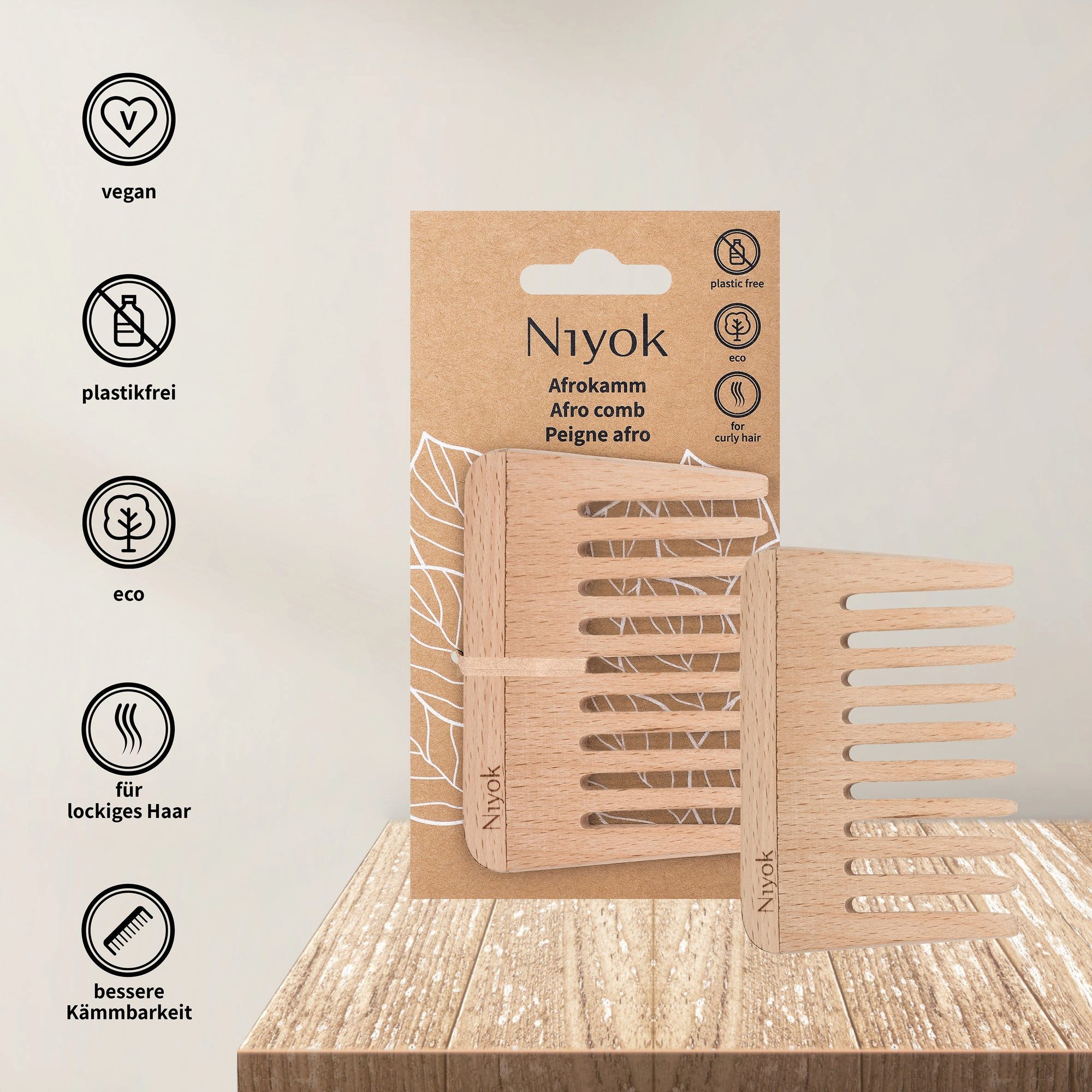 Niyok Haarkamm Niyok Afrokamm, Buchholz, Grober Styling für Locken & Naturlocken, Sanft, Ergonomisch, Grobzinkig
