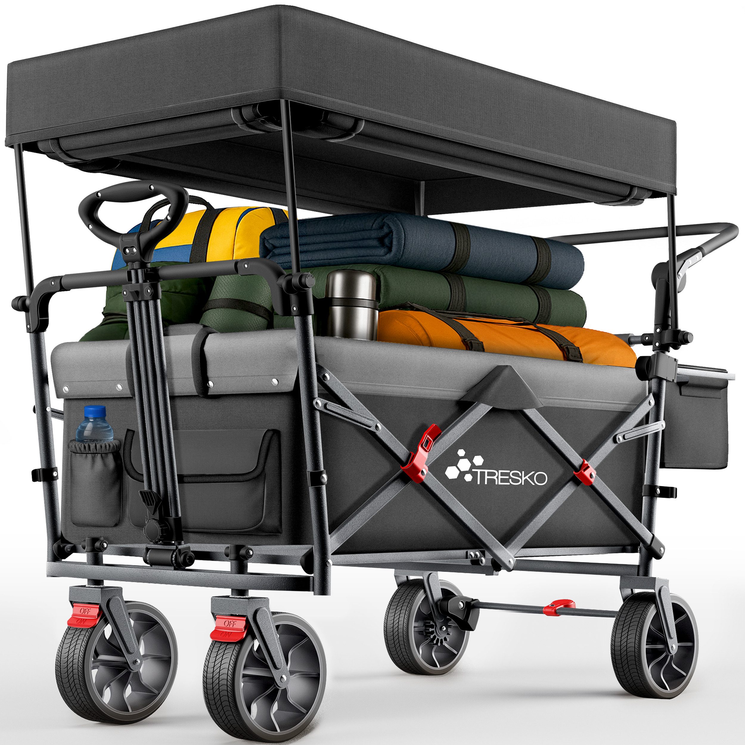 TRESKO Bollerwagen TRESKO Faltbarer Bollerwagen Handwagen (Feststellbremsen (Vorne & Hinten) und 3-Punkt-Gurt, max. belastbar bis 150kg Transportwagen mit Vollgummireifen), Faltbar mit Dach, Kühlfach & Seitenrollos Handwagen