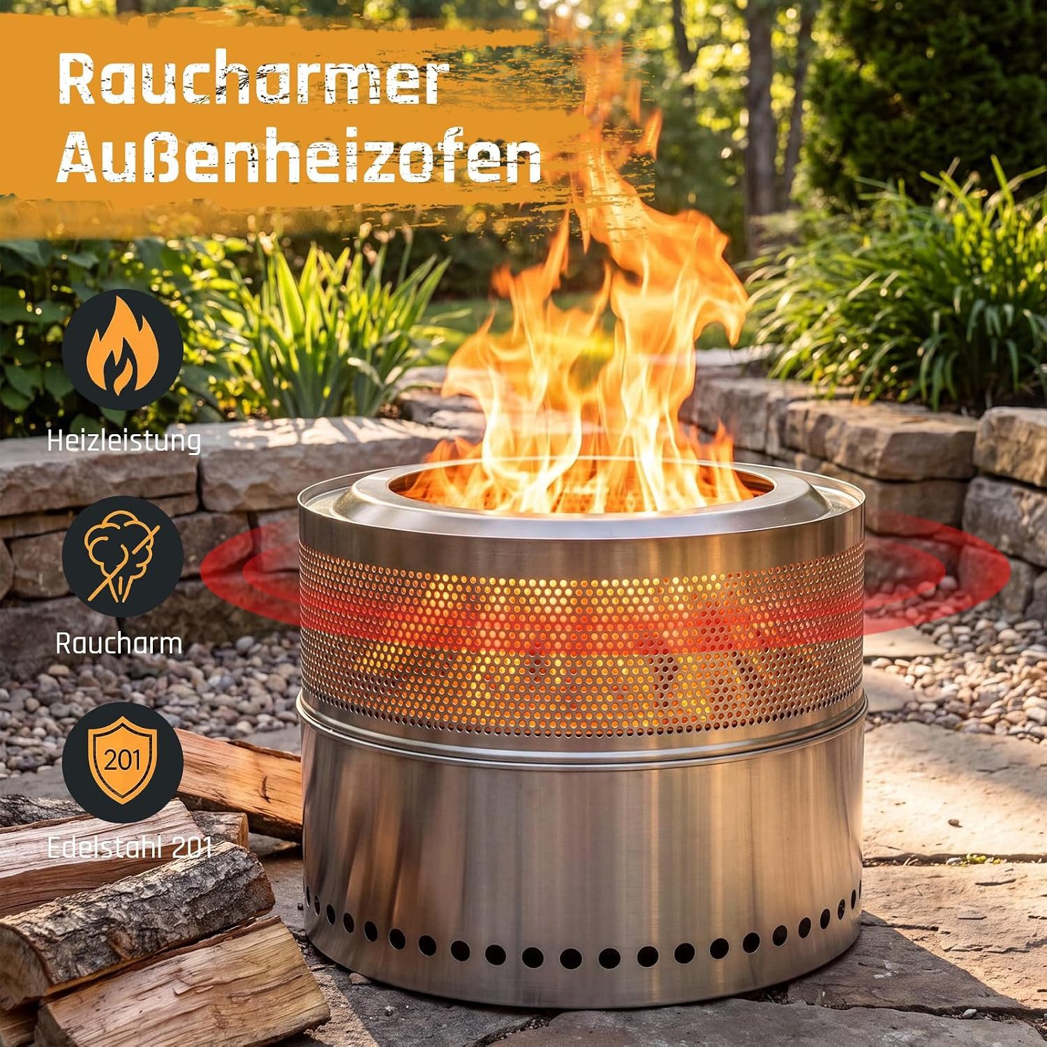 TLGREEN Feuerschale Raucharme Feuerschale 50 cm aus Edelstahl, (doppelwandiger Feuerkorb mit herausnehmbarer Ascheschale, 2‑in‑1 Outdoor‑Feuerstelle mit Grillro – Bild 3 von 5