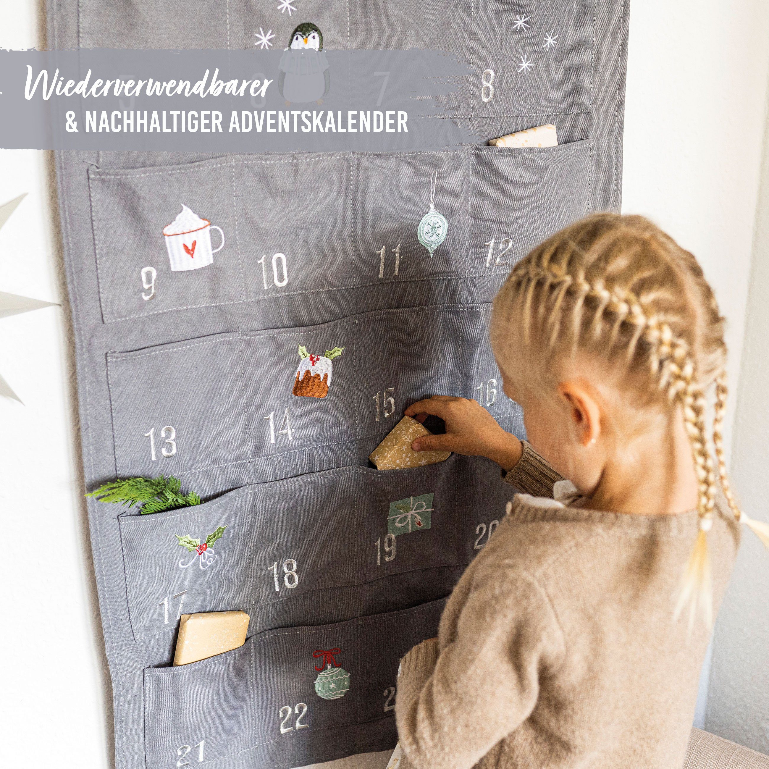 PAPIERDRACHEN befüllbarer Adventskalender Adventskalender Wandteppich aus Stoff zum Befüllen-hochwertig bestickt