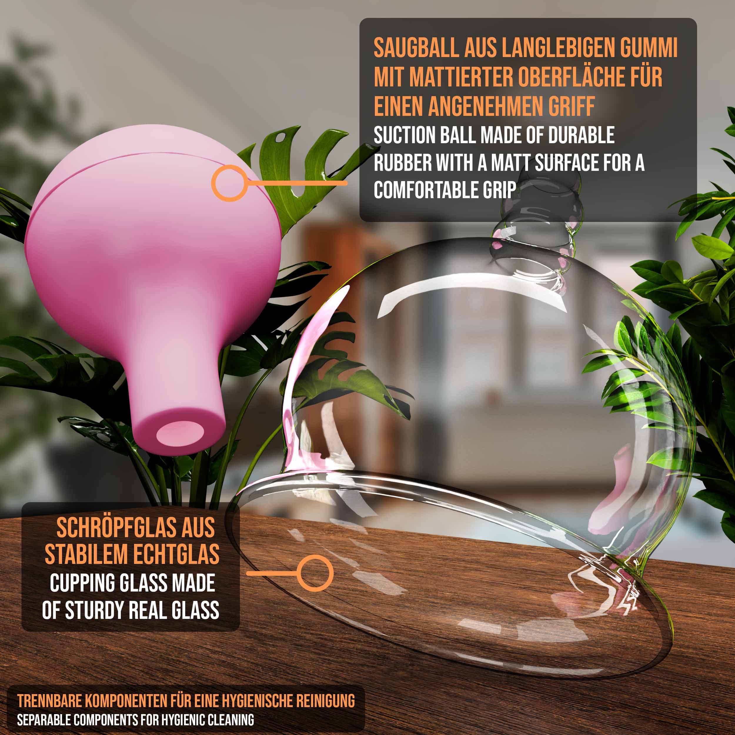 pulox Vakuum-Massager Schröpfgläser Set aus Echtglas 3 Stück diverse Größen groß Pink