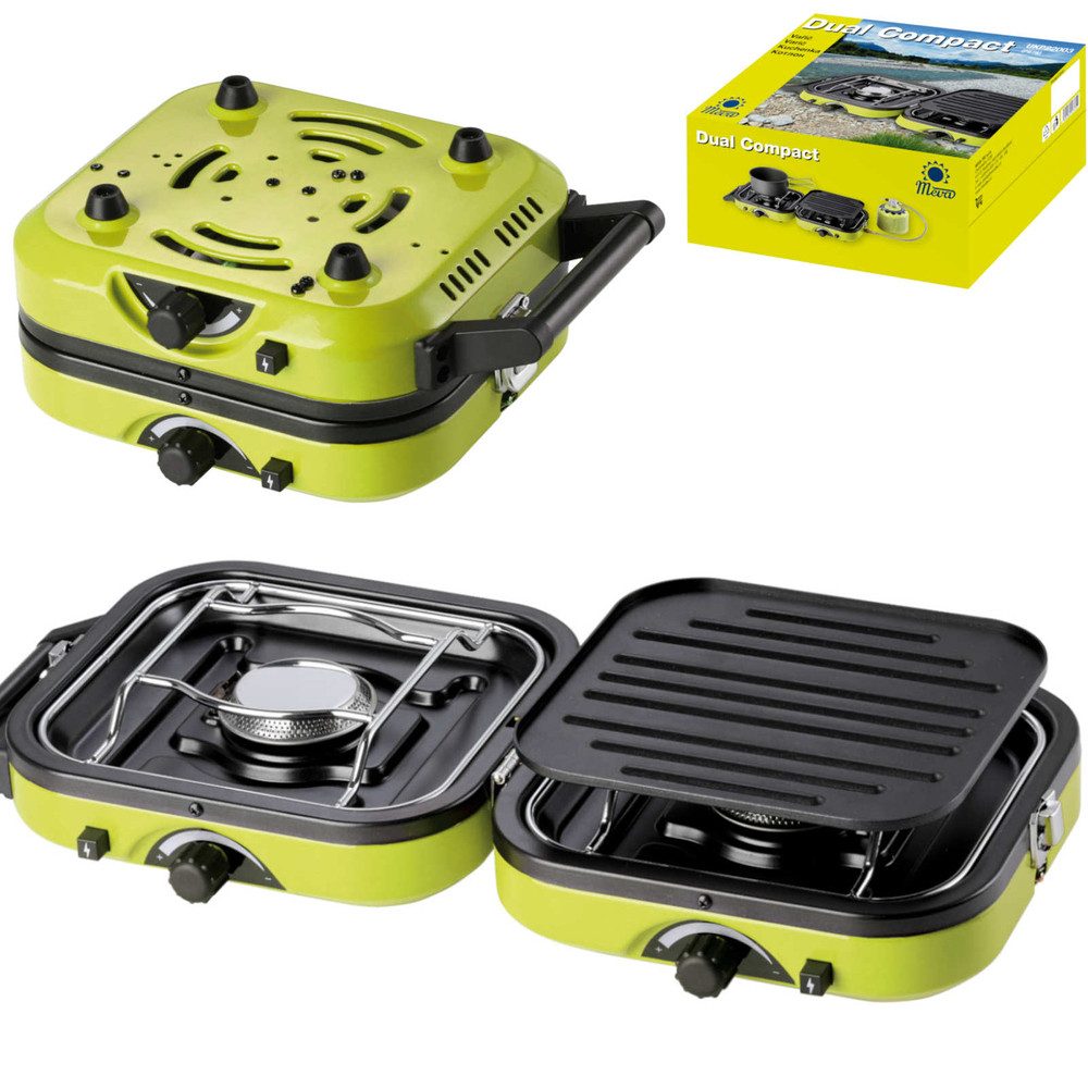 PrimeVal Gaskocher Doppelbrenner Grillkocher, (Spar-Set, 1-St., 51 x 22 x 10 cm kompakt), Klappbar, Piezozündung, 2 Brenner, Grillplatte