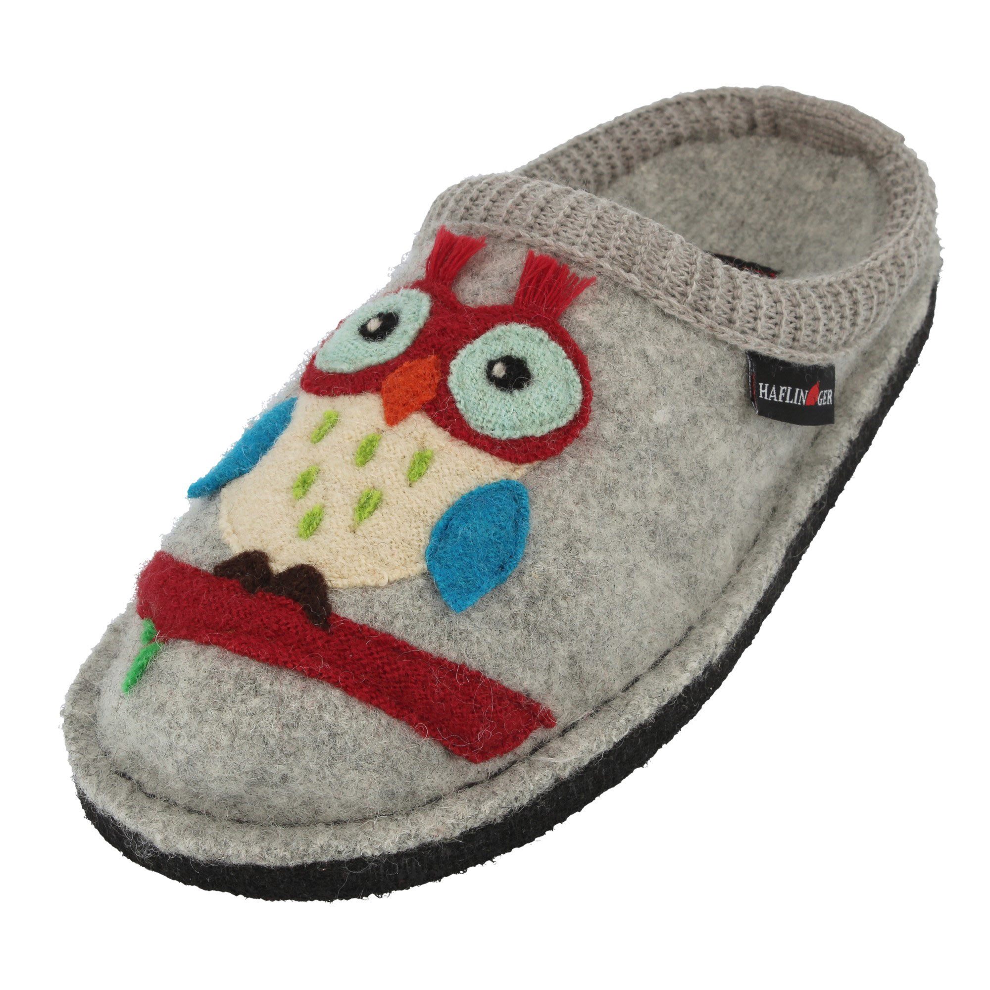 Haflinger Flair Olivia Pantoffeln aus gewalkter Wolle Eulenmotiv Unisex Hausschuh