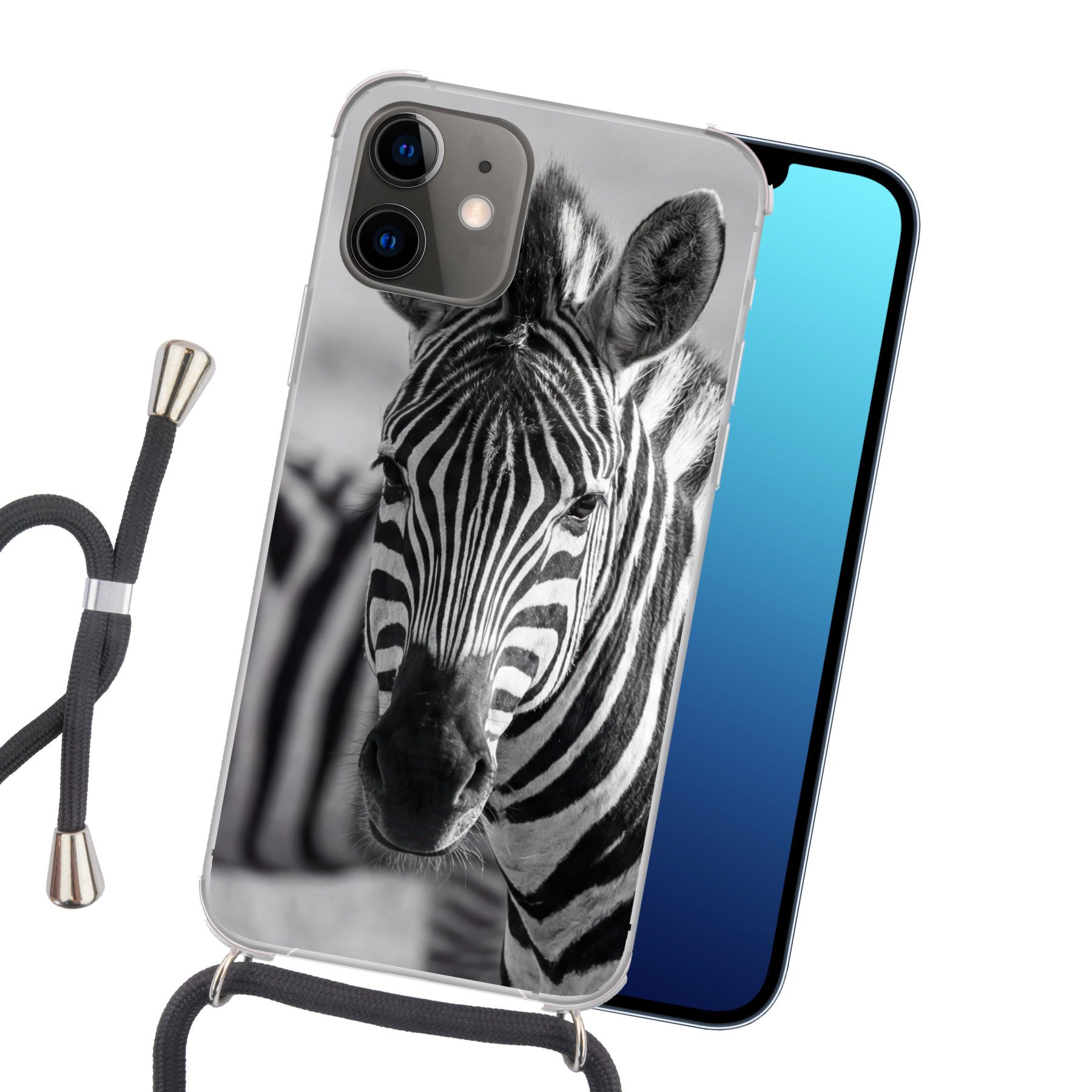 MuchoWow Handyhülle für Apple iPhone 12 Zebras - Schwarz - Weiß, Tragbare Handyhüllen mit Kette zum umhängen, Handykette Handyband