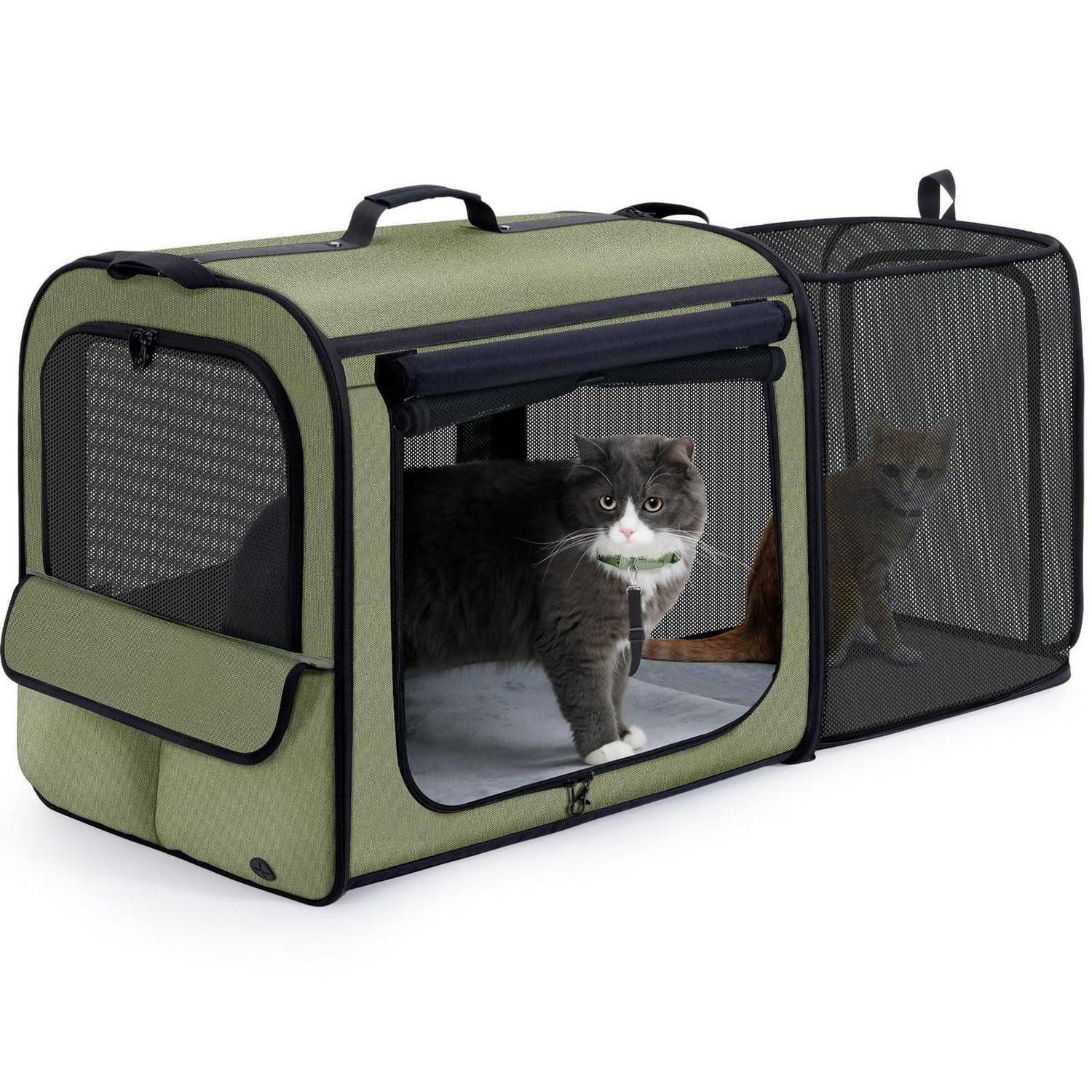 LuxusKollektion Tiertransportbox Katzentasche Transportbox Dunkelgrün Erweiterbar 61 x 52 x 45 cm