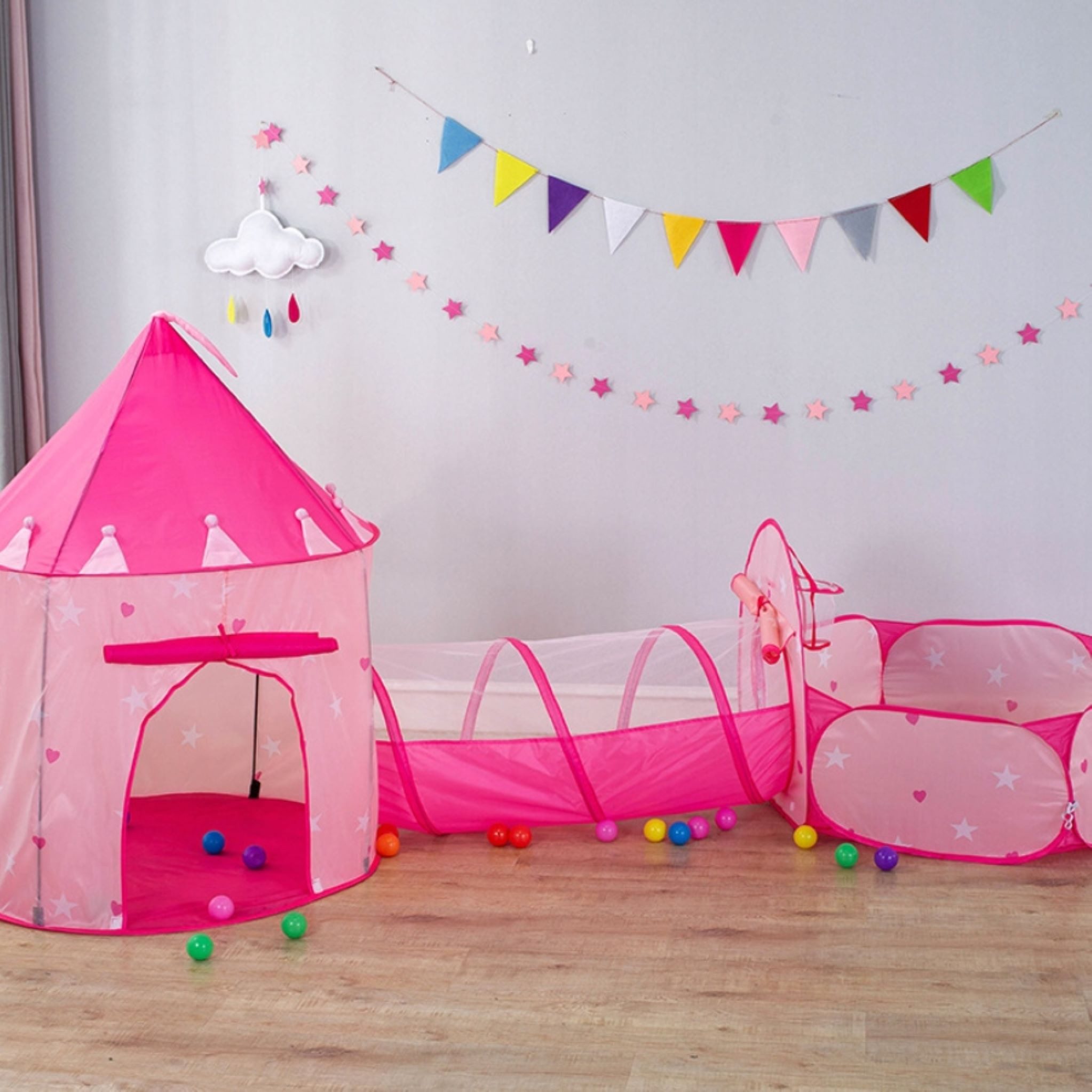 Festivalartikel Spielzelt 3in1 Kinder Spielzelt Schloss Tunnel Bällebad Rosa
