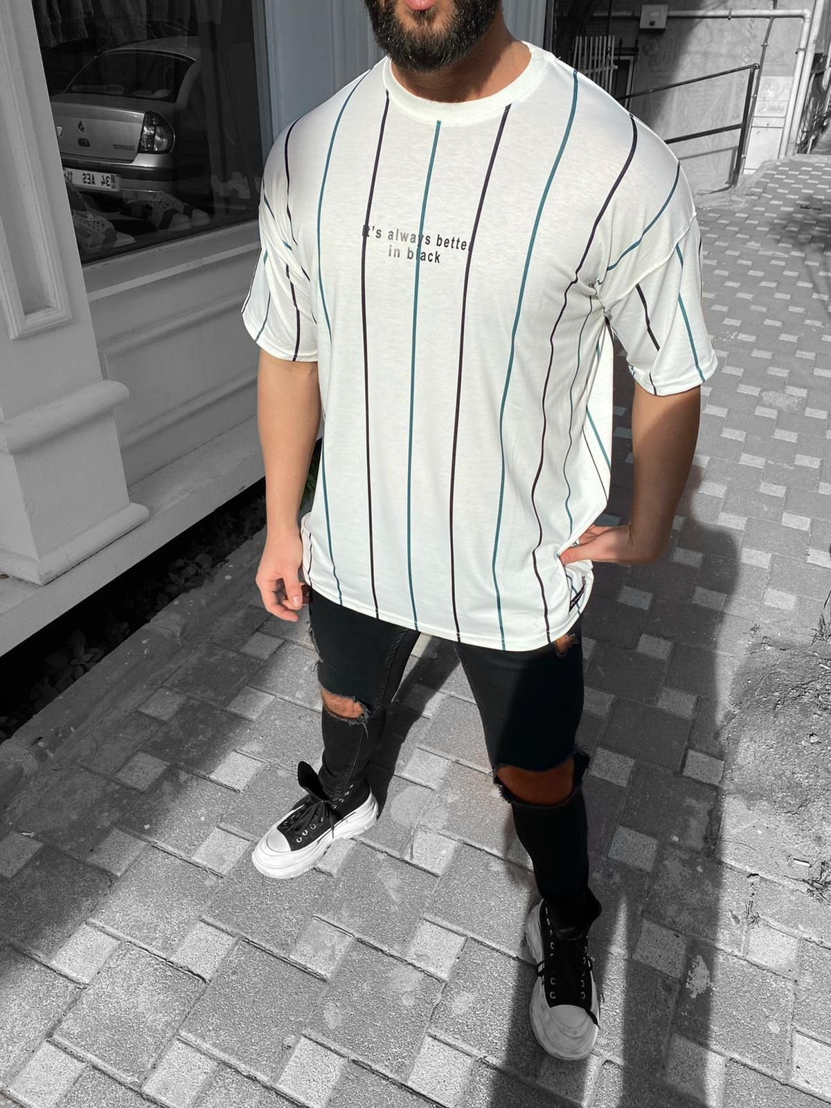 Megaman Jeans Oversize-Shirt Herren T-Shirt Oversize Shirt Long-Shirt Tee Sommer Shirt Gestreift Modern Mode Fashion Schwarz-Grün