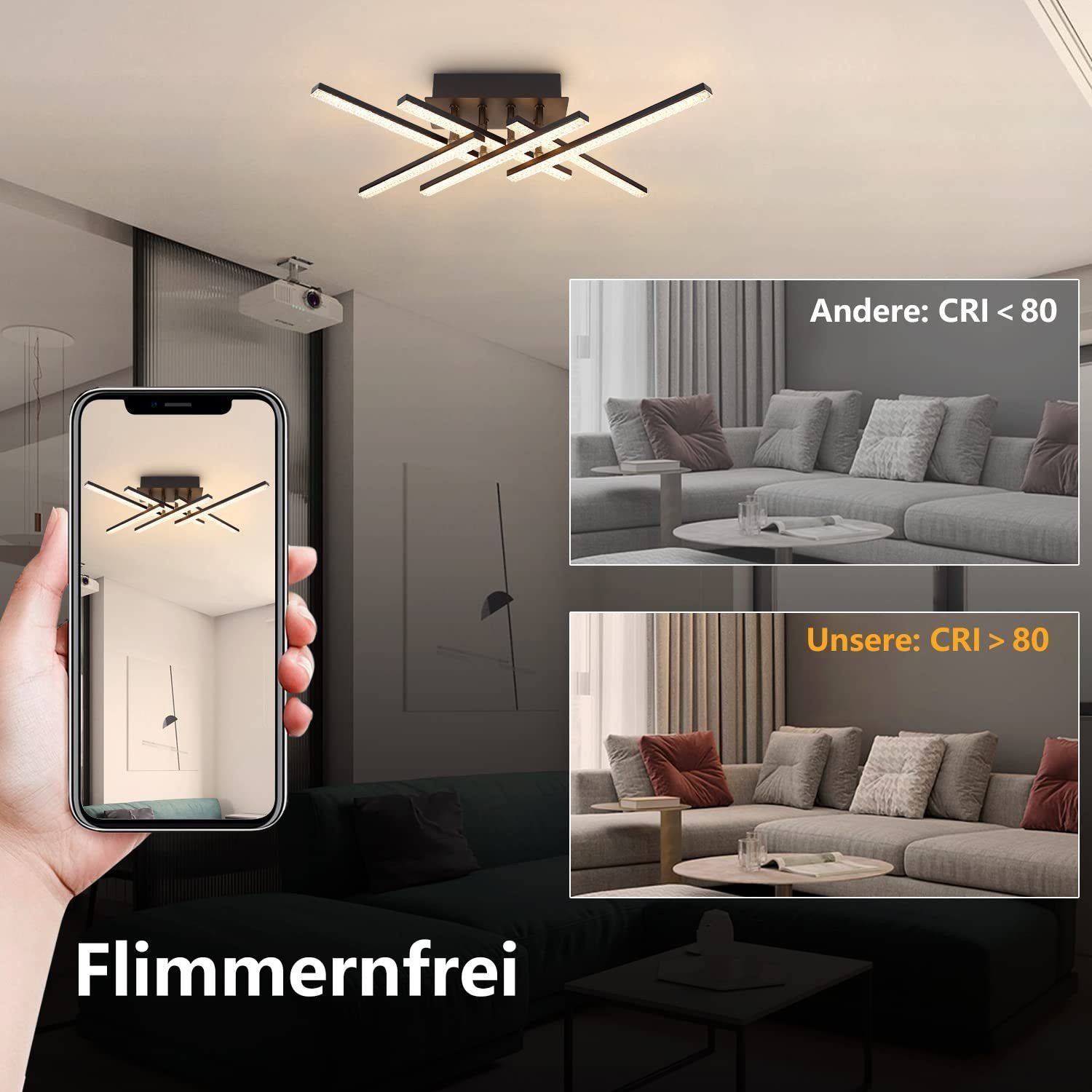 ZMH LED Deckenleuchte 52CM Schwarz Wohnzimmerlampe Dimmbar Modern Schlafzimmer, ohne sichtbares Flimmern zum Schutz der Augen, LED fest integriert, 3000-6500k,  – Bild 4 von 5