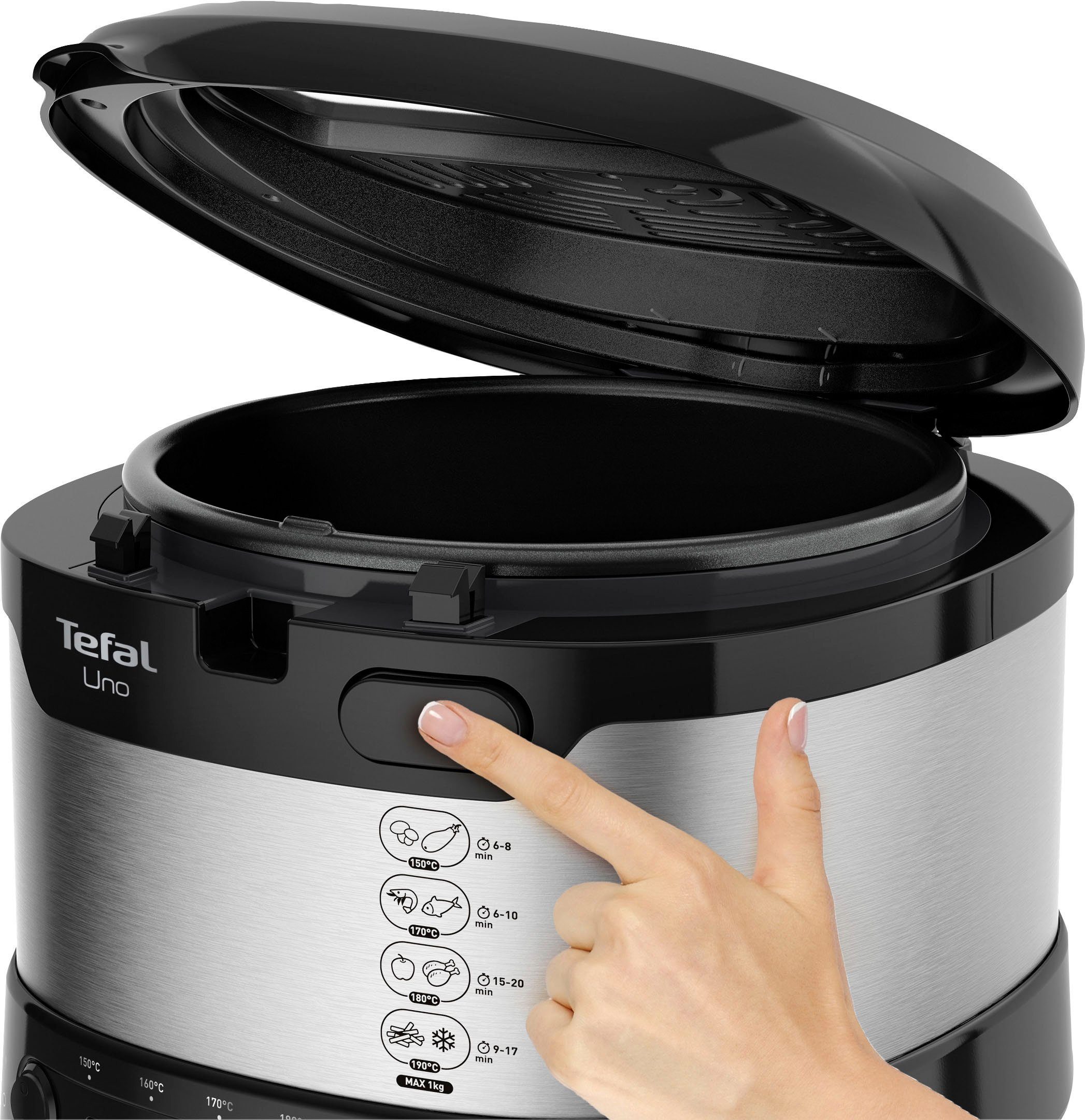 Tefal Fritteuse UNO M Edelstahl FF215, 1600 W, Kapazität 1kg, Thermostat, Sichtfenster, Abtropfposition, FF215 – Bild 5 von 5