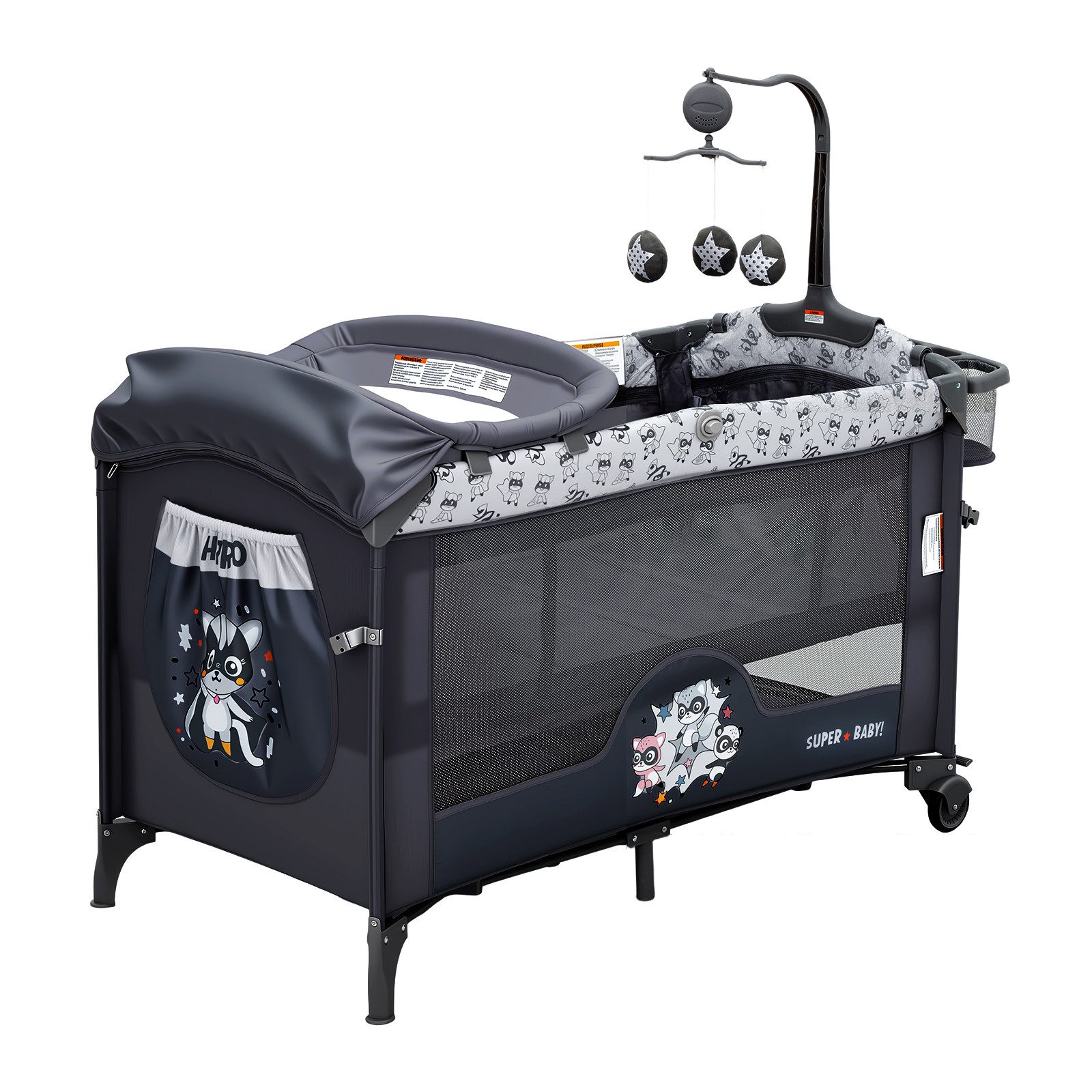 GarveeMore Babybett 5-in-1 Reisebett, faltbares Babybett für Babys mit Wickeltisch, Wiegefunktion,Hängespielzeug, 4 verstellbaren Höhen