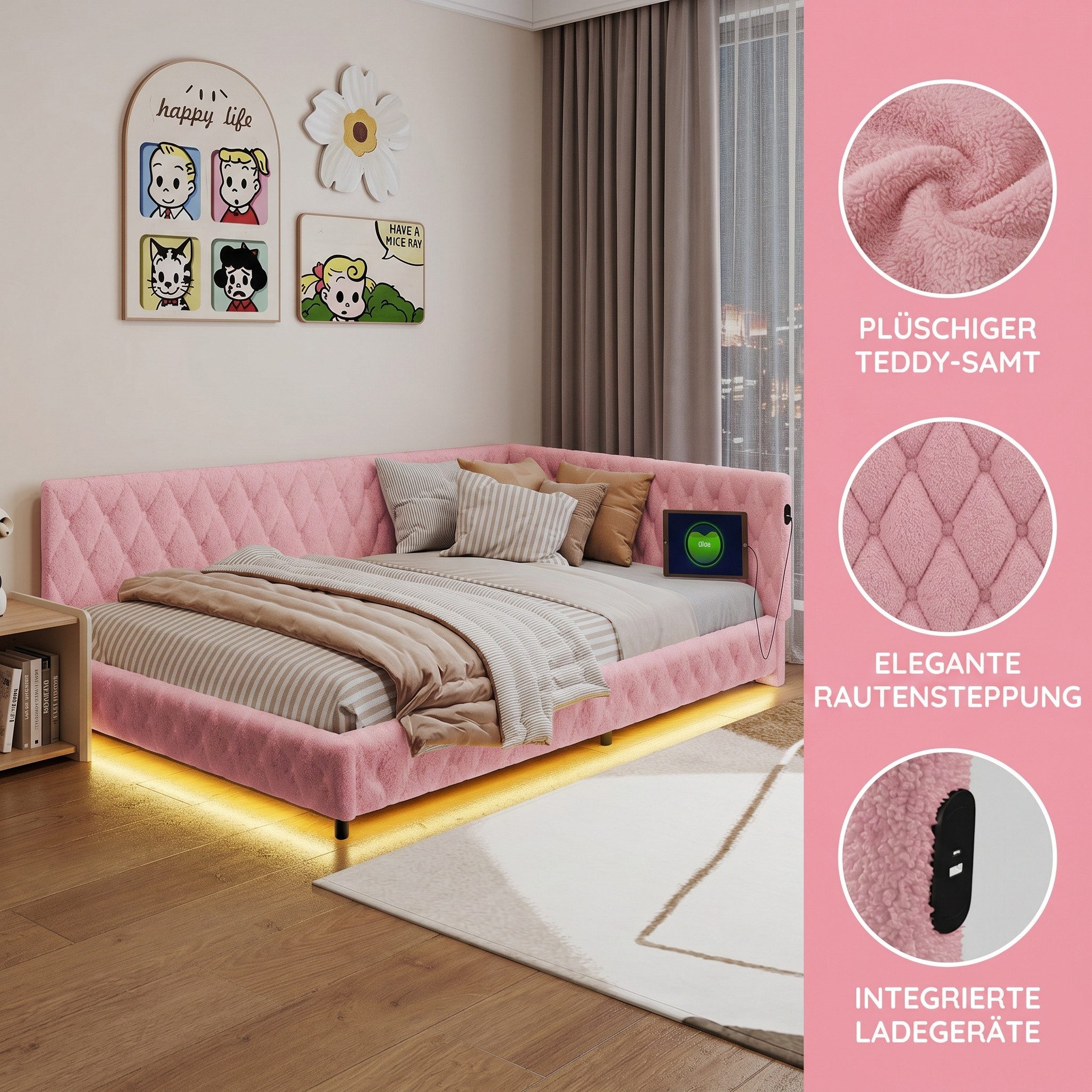 PXloue Polsterbett Daybett Tagesbett, Schlafsofa,Mit LED-Beleuchtung und USB-Ladeanschluss,140x200 cm – Bild 4 von 5