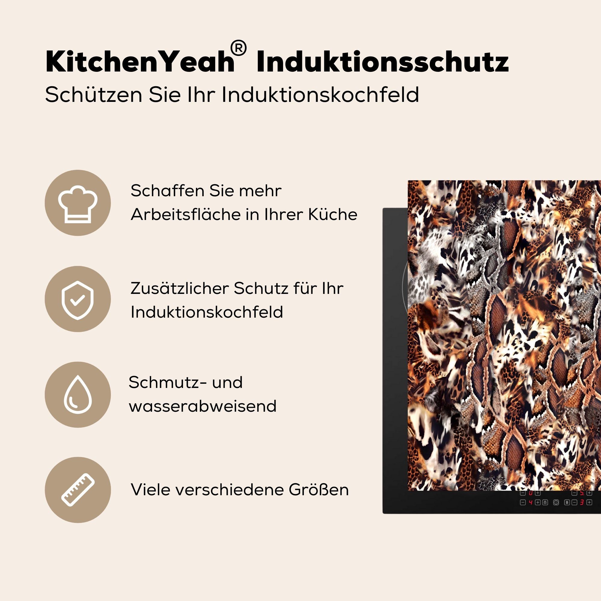 MuchoWow Herdblende-/Abdeckplatte Tierdruck Tiere, Induktionskochfeld, (1 tlg), Induktionsschutz, 59x51 Tiger Ceranfeldabdeckung - - cm, Vinyl