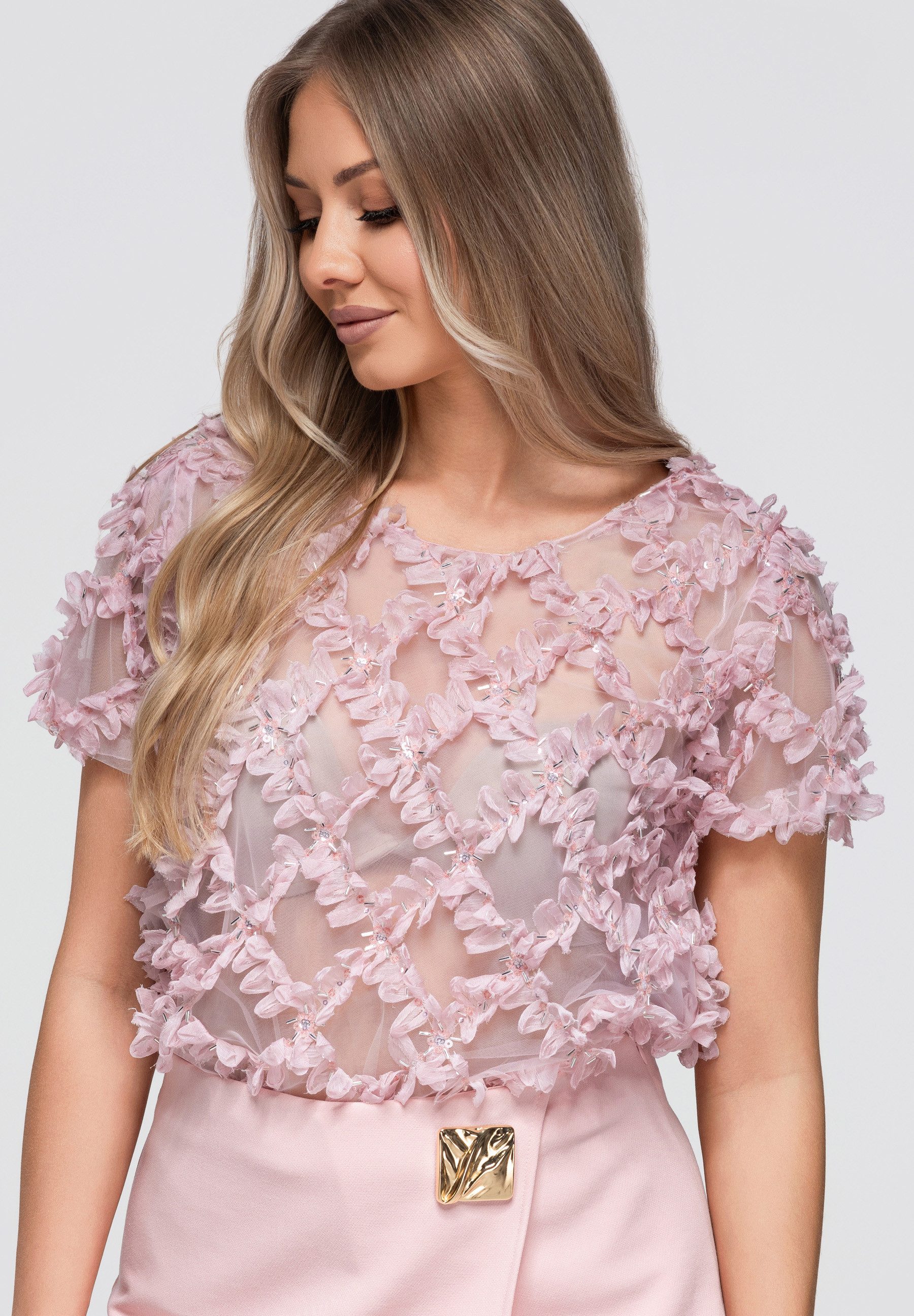 OMBRE Blusentop Damen Blusentop mit floralem Design Pink M (kein Set, 1-tlg) Dekorative Struktur