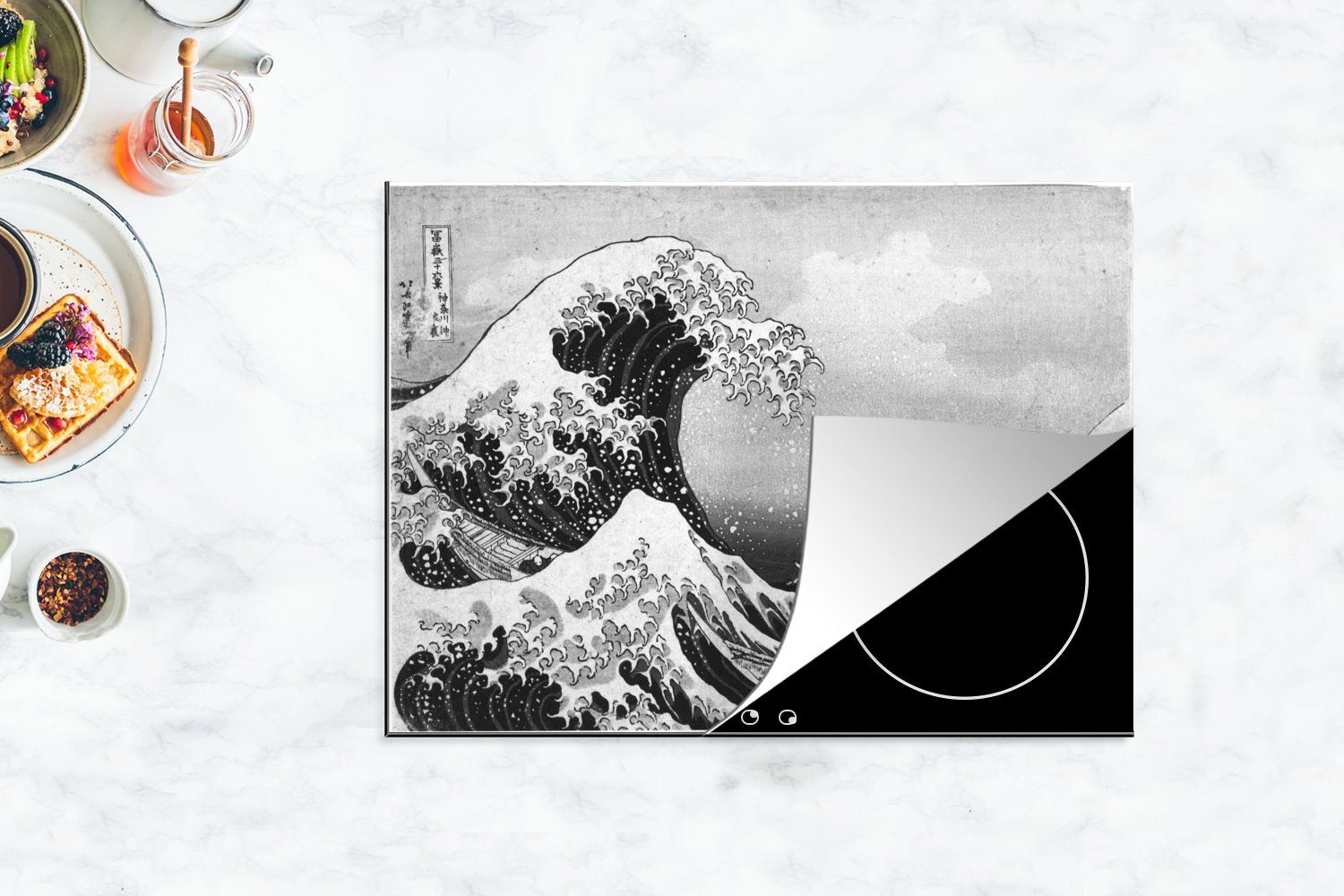 70x52 Gemälde große Die -, Kanagawa MuchoWow (1 - Mobile Ceranfeldabdeckung tlg), nutzbar, von Hokusai Katsushika von Arbeitsfläche Herdblende-/Abdeckplatte Vinyl, cm, Welle