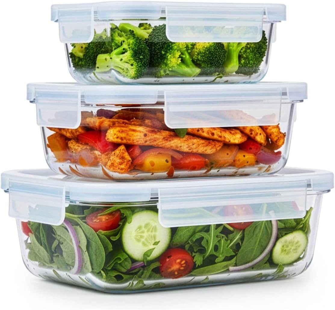 *Alpina* Frischhaltedose Lebensmittelbehälter Meal Prep Box Glas Auslaufsicher, (3-tlg., 370, 640 und 1050 ml), Geeignet für Geschirrspüler, Tiefkühler, Backofen und Mikrowelle