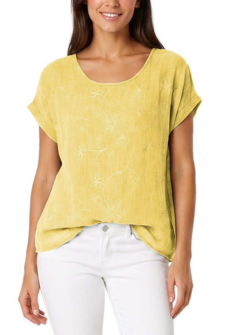 dy_mode Kurzarmbluse Kurzarm Bluse Elegantes Baumwollshirt Damen einfarbig Blusenshirt in Unifarben, Rundhalsausschnitt, mit Blumenstickerei