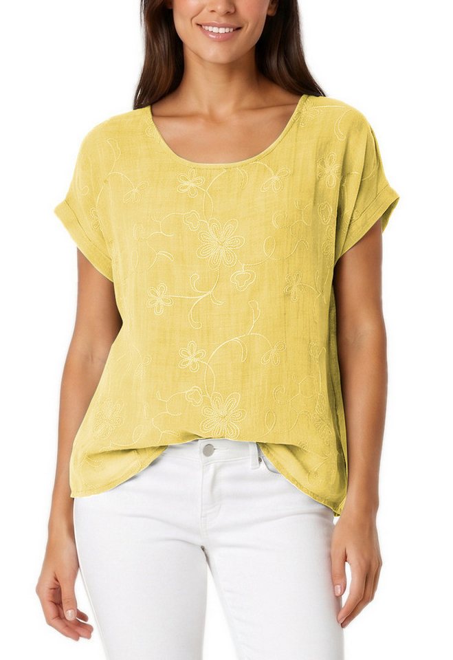 dy_mode Kurzarmbluse Kurzarm Bluse Elegantes Baumwollshirt Damen einfarbig Blusenshirt in Unifarben, Rundhalsausschnitt, mit Blumenstickerei